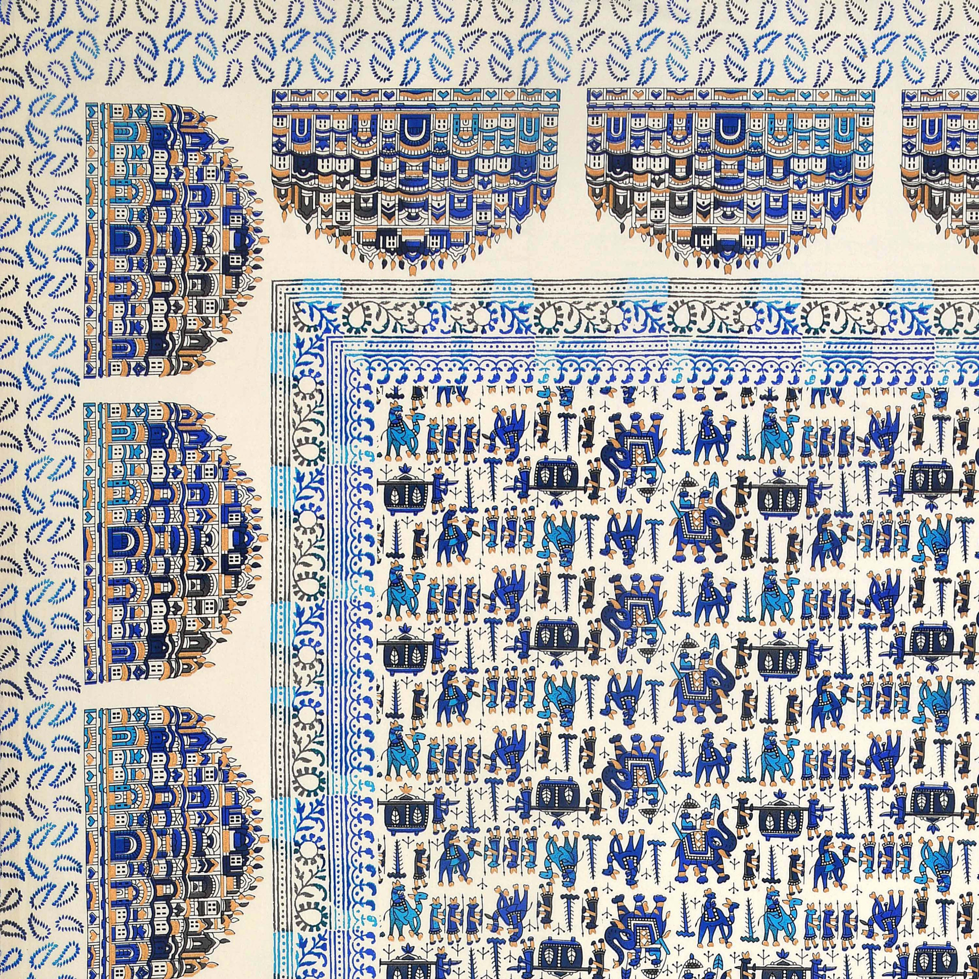 Blue Golden Hawa Mahal Pattern Pure Cotton Double Bedsheet with 2 Pillow Covers