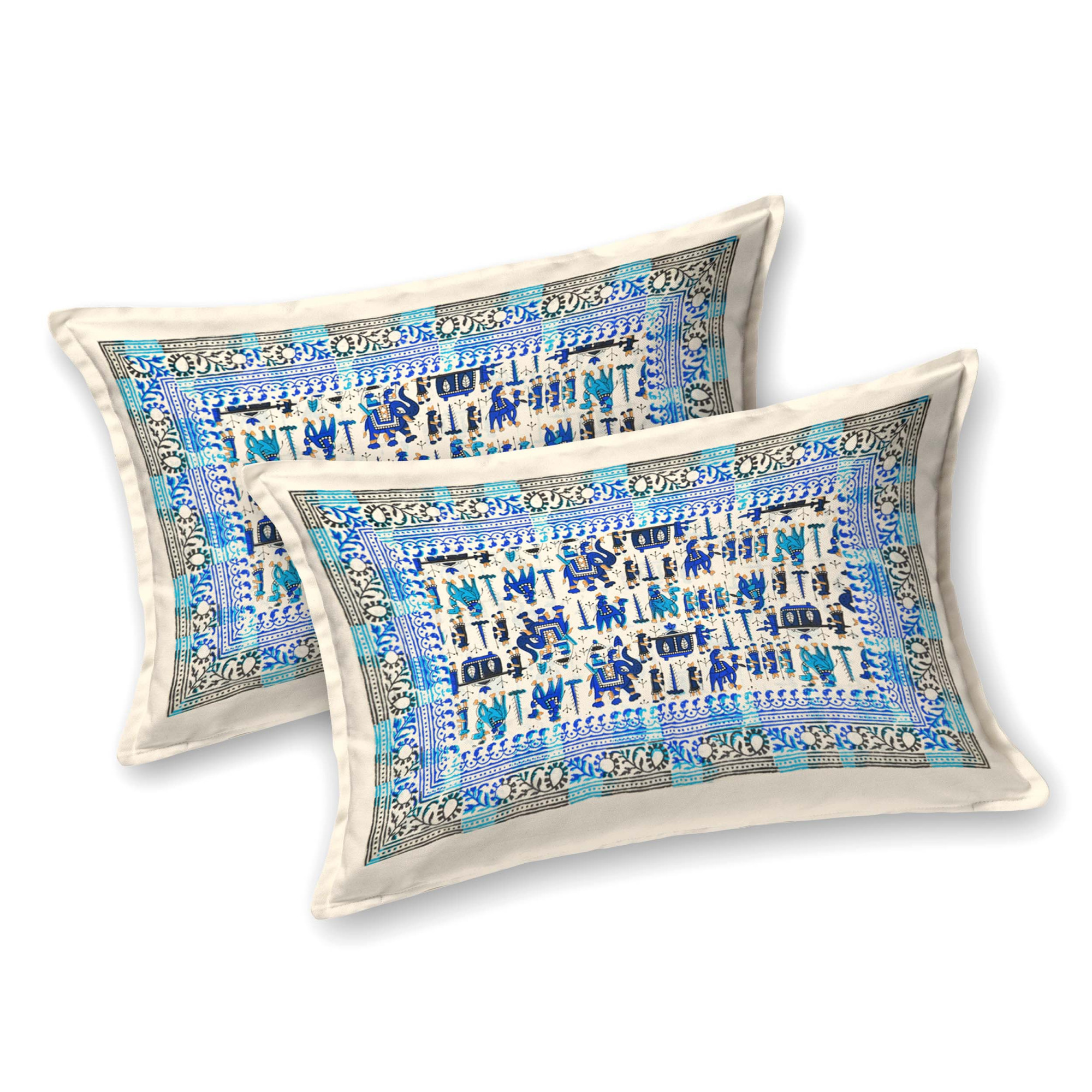 Blue Golden Hawa Mahal Pattern Pure Cotton Double Bedsheet with 2 Pillow Covers