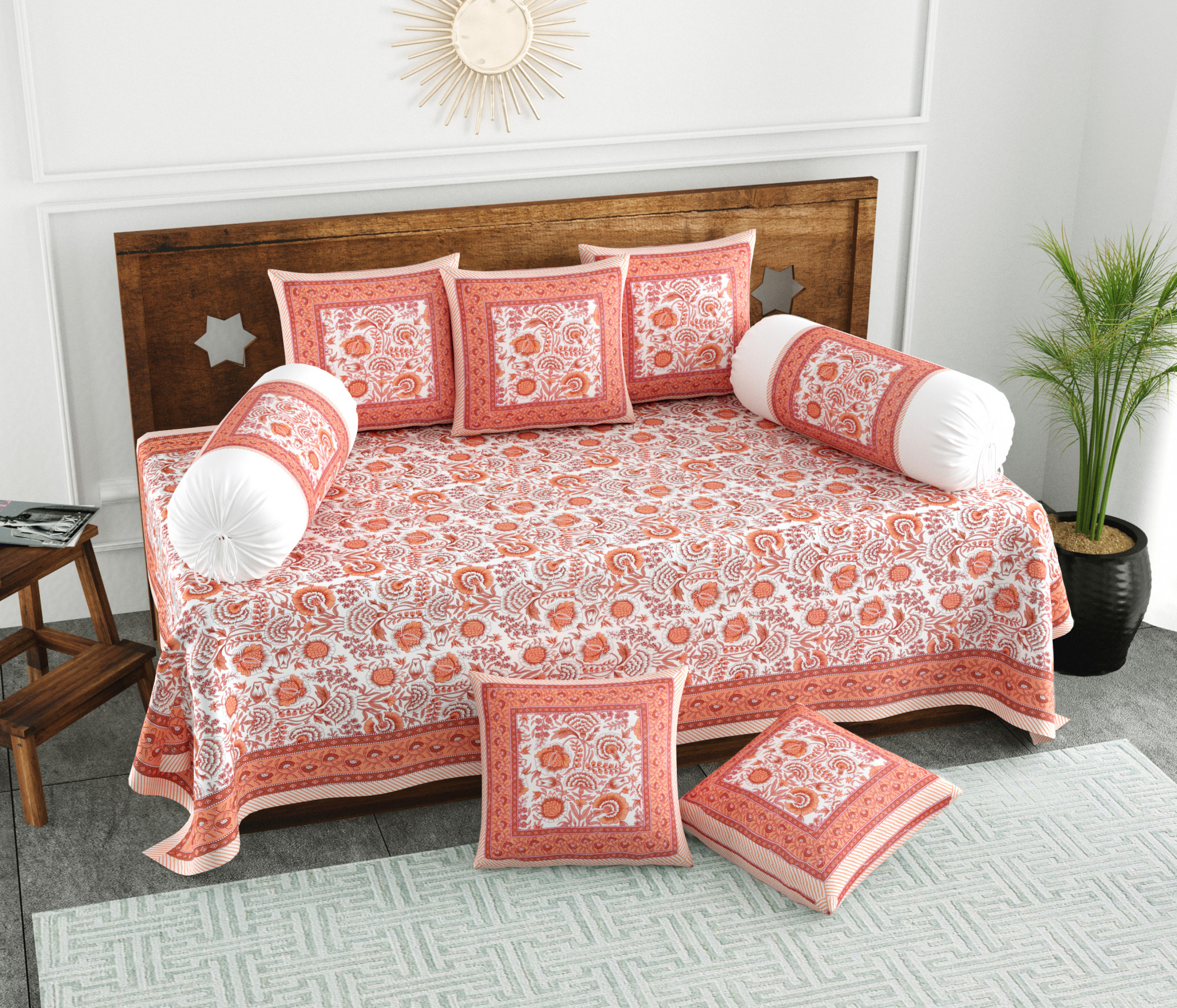 Brown Floral Printed 100 Pure Cotton Diwan Set for Living Room - Set Of 8 Pieces 1 Diwan sheet 5 Cushion Covers 2 Bolster Covers