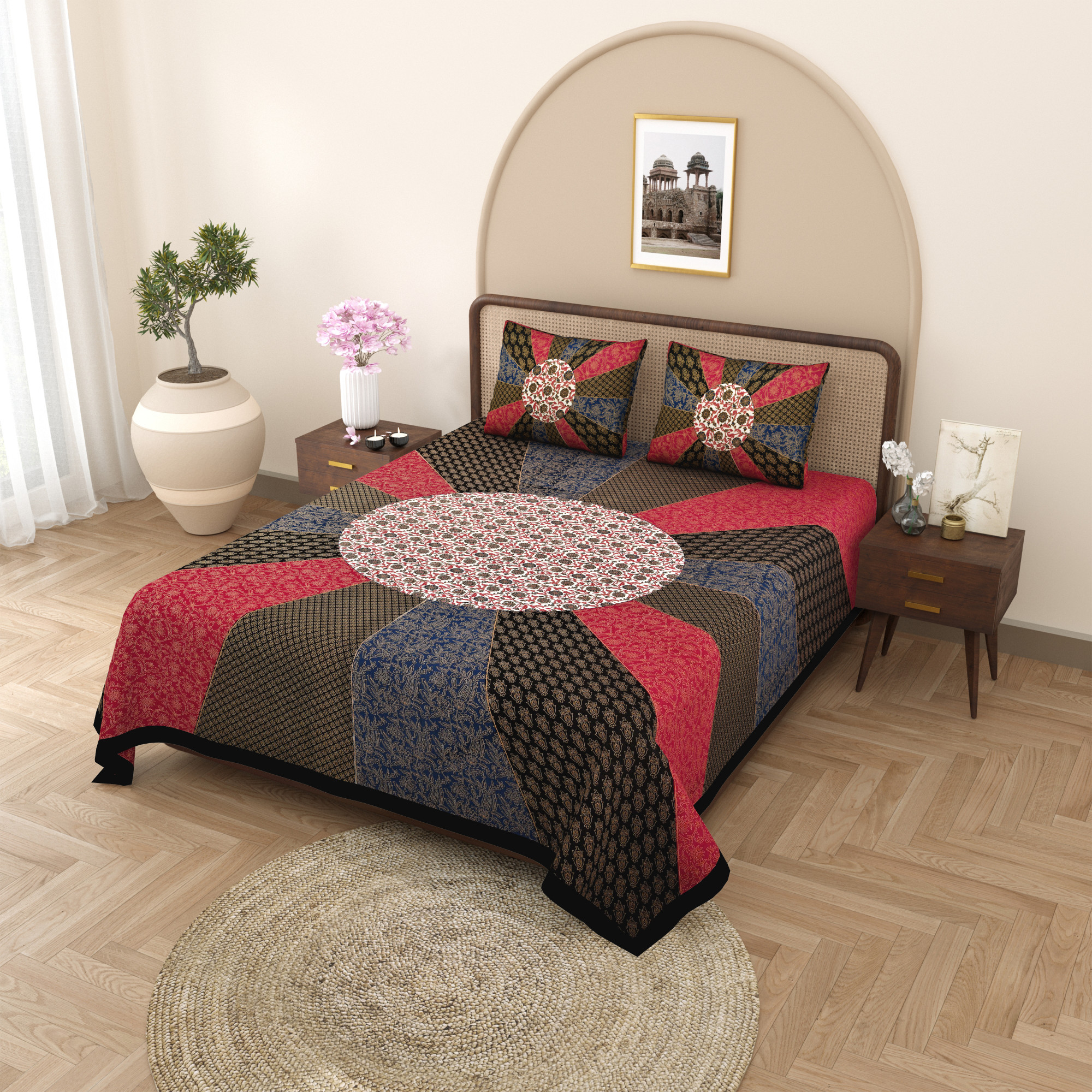 Chakri Pattern With Golden Print Pure Cotton Double Bedsheet with 2 Pillow Covers