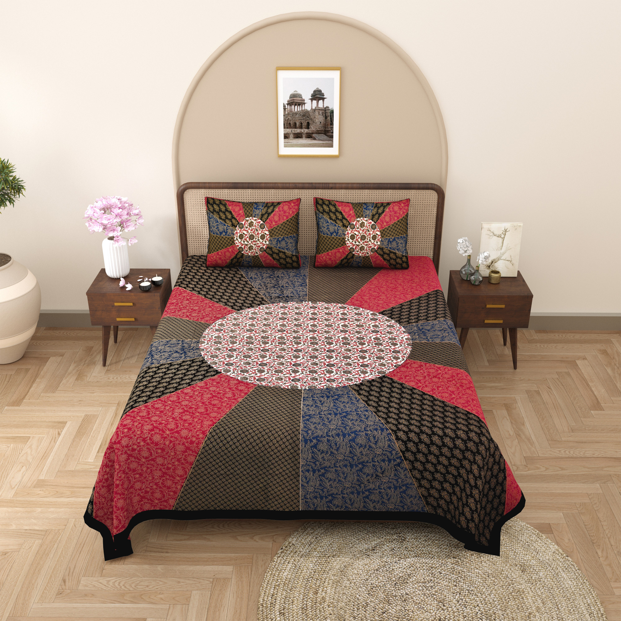 Chakri Pattern With Golden Print Pure Cotton Double Bedsheet with 2 Pillow Covers