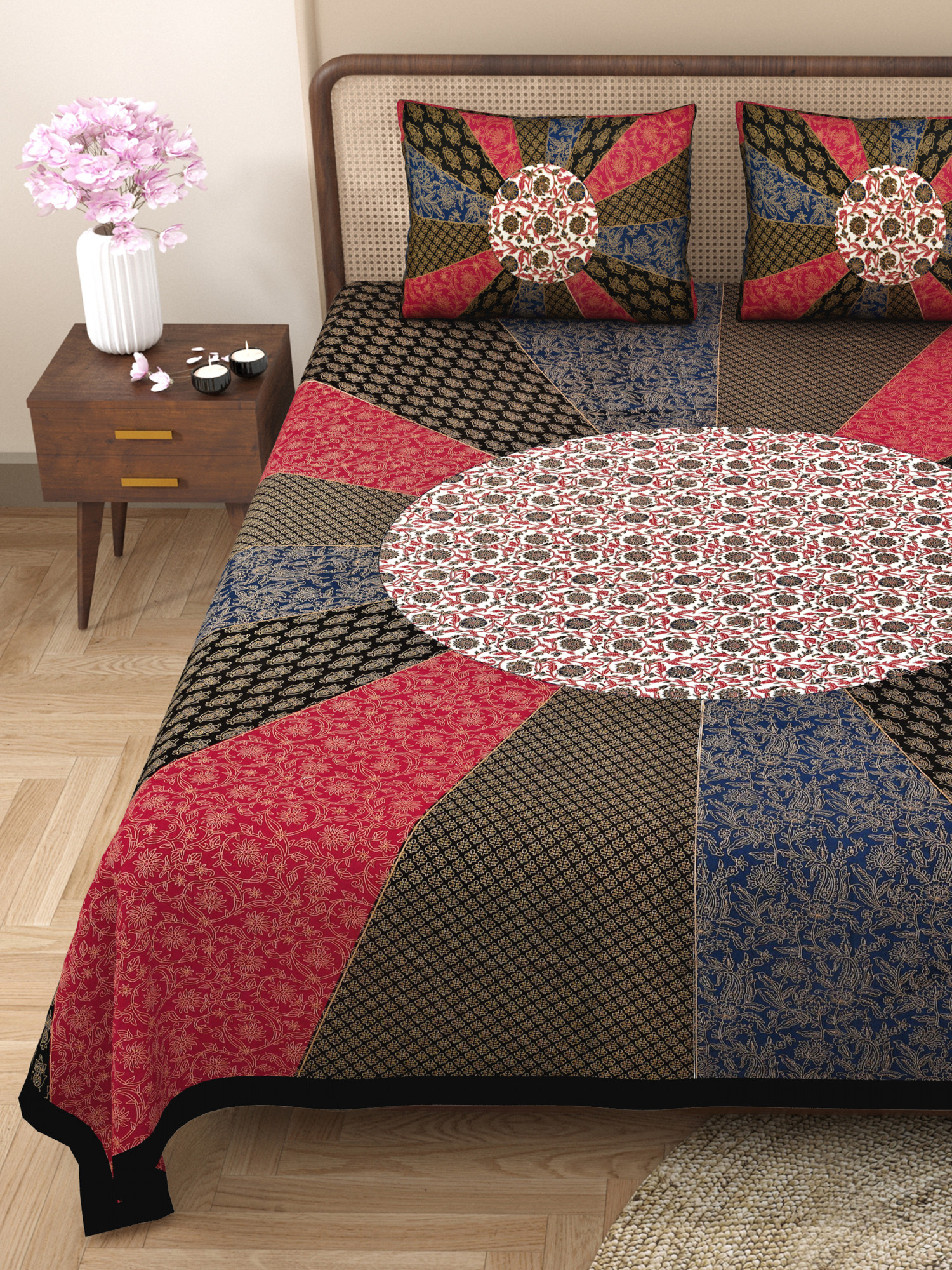 Chakri Pattern With Golden Print Pure Cotton Double Bedsheet with 2 Pillow Covers