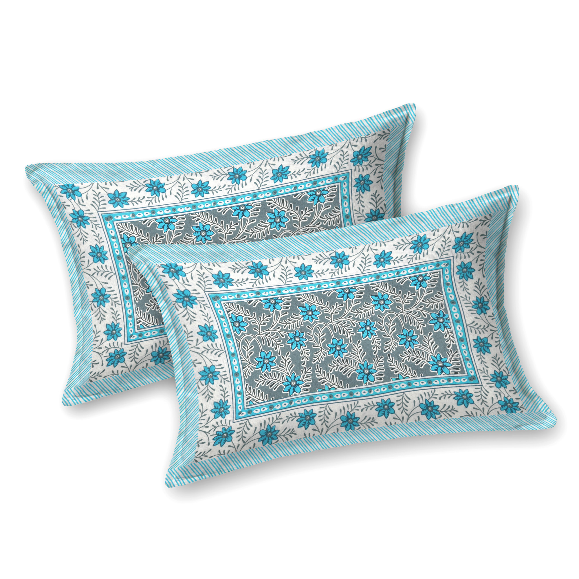 White Blue Floral 210 TC Pure Cotton Double Bedsheet with 2 Pillow Covers
