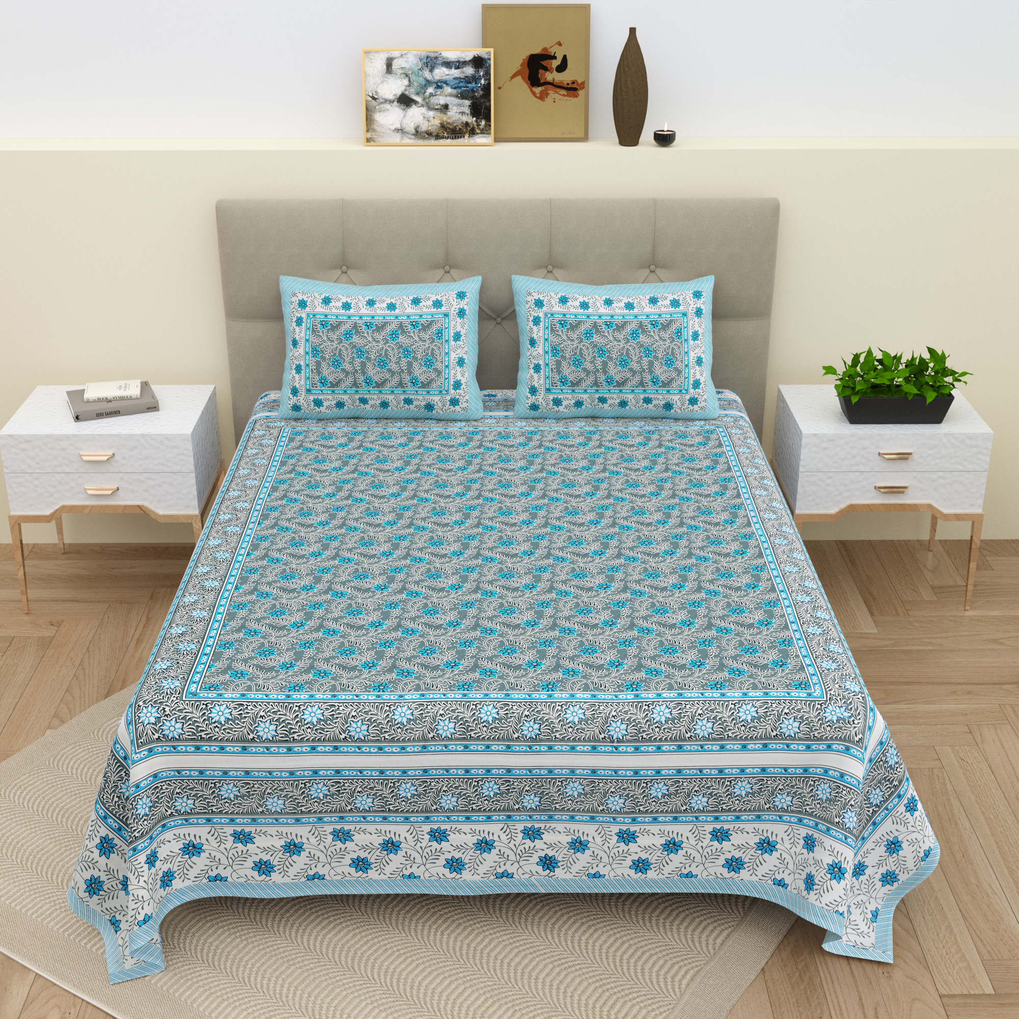 White Blue Floral 210 TC Pure Cotton Double Bedsheet with 2 Pillow Covers