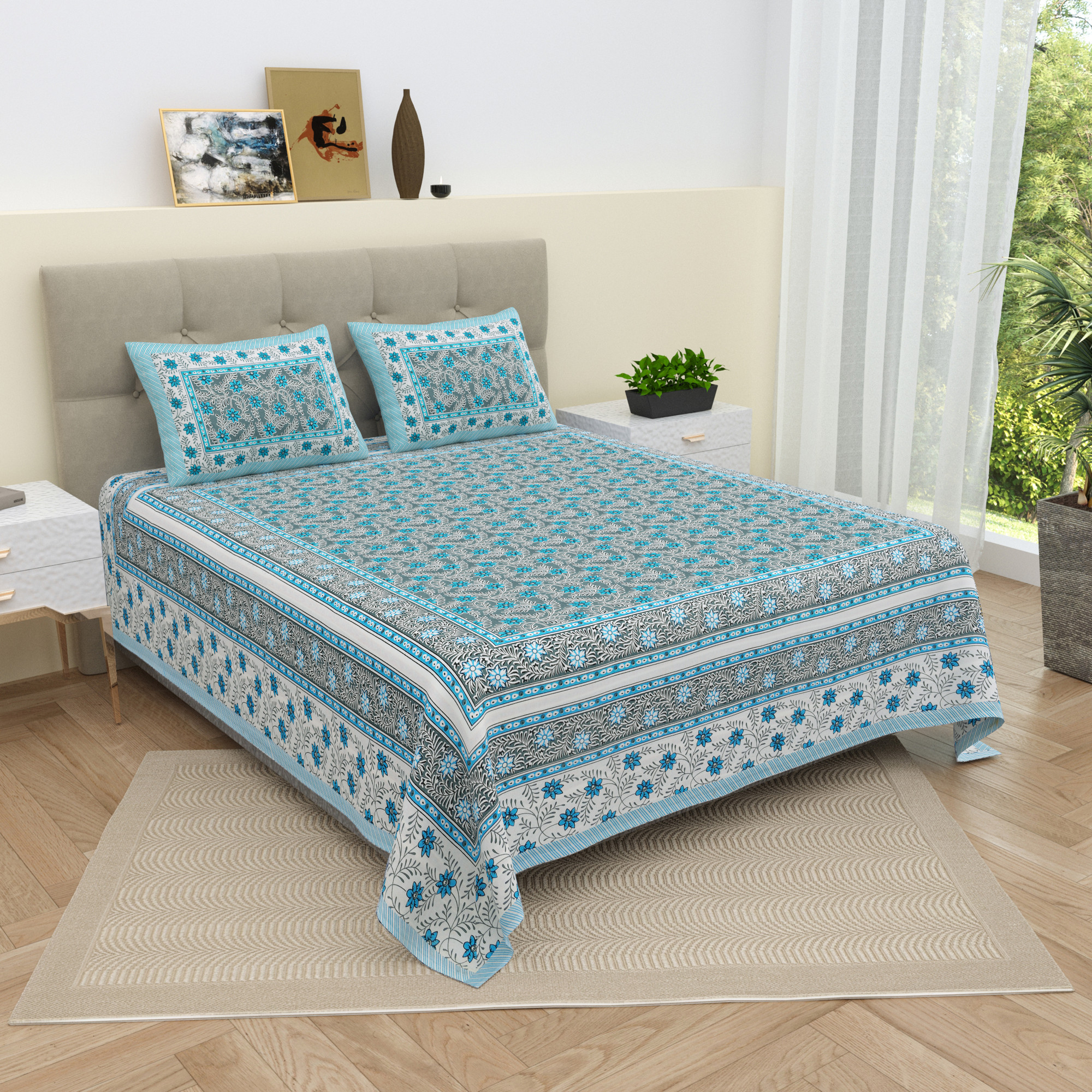 White Blue Floral 210 TC Pure Cotton Double Bedsheet with 2 Pillow Covers