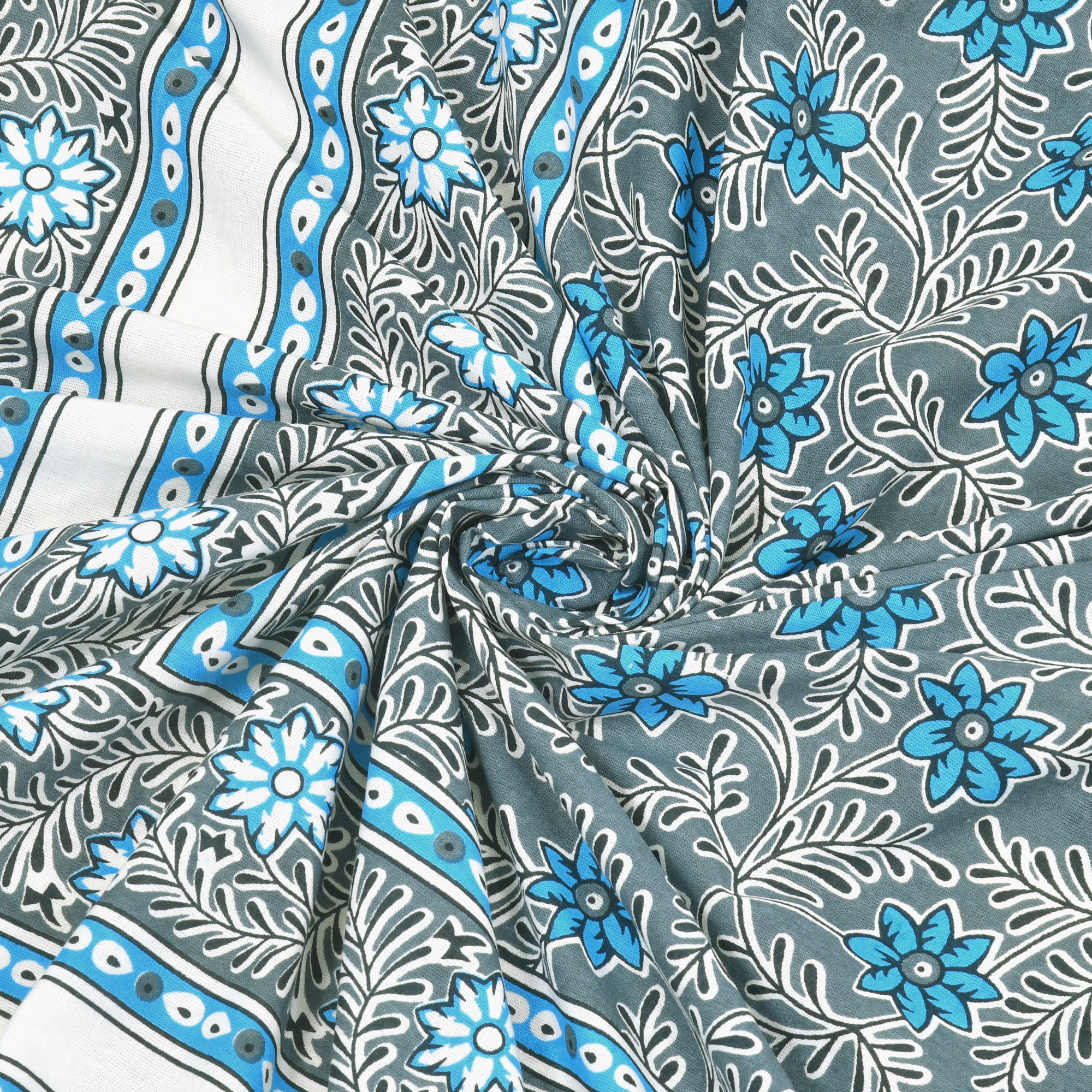 White Blue Floral 210 TC Pure Cotton Double Bedsheet with 2 Pillow Covers