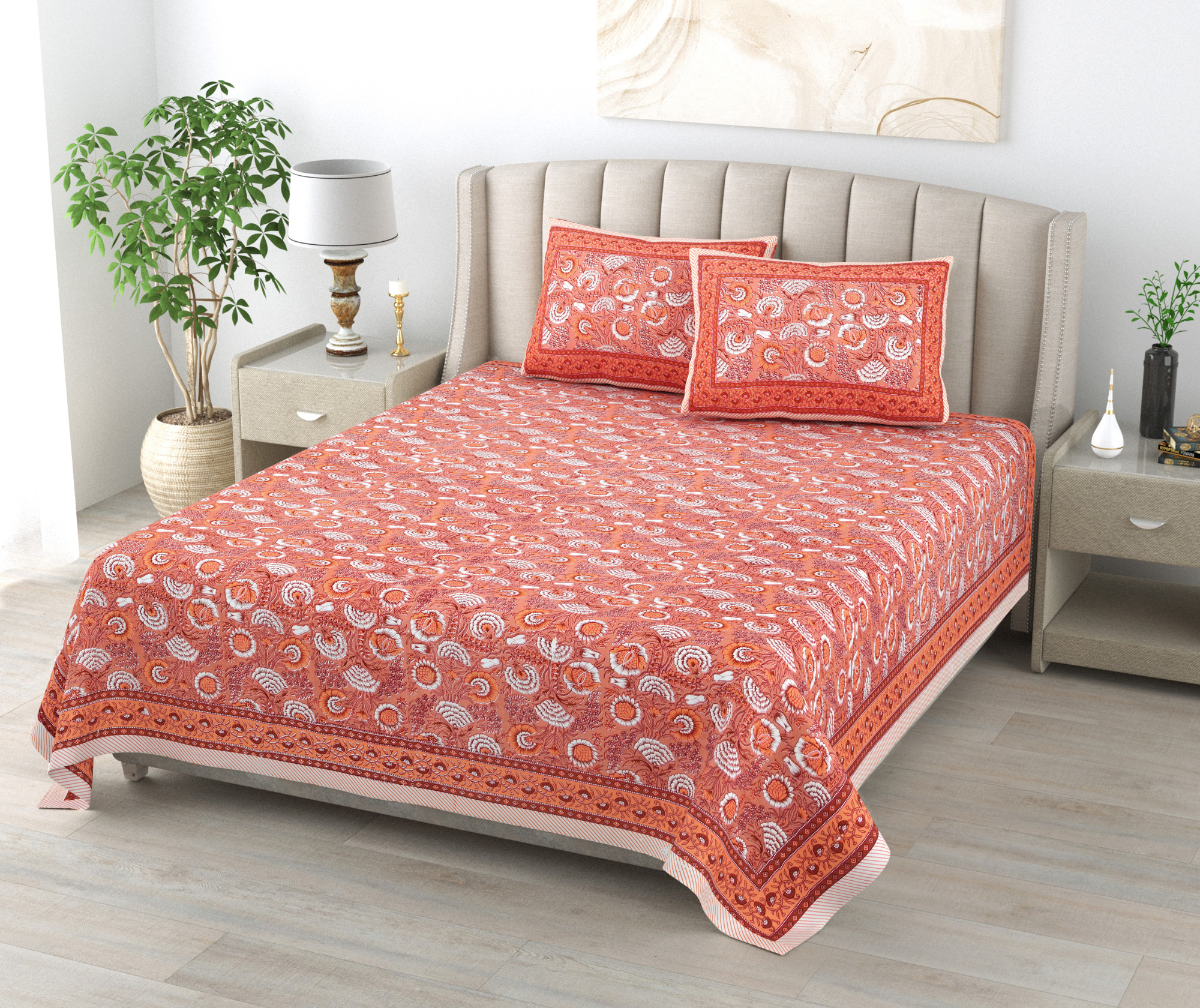 Brown White Floral 240 TC Pure Cotton Double Bedsheet with 2 Pillow Covers