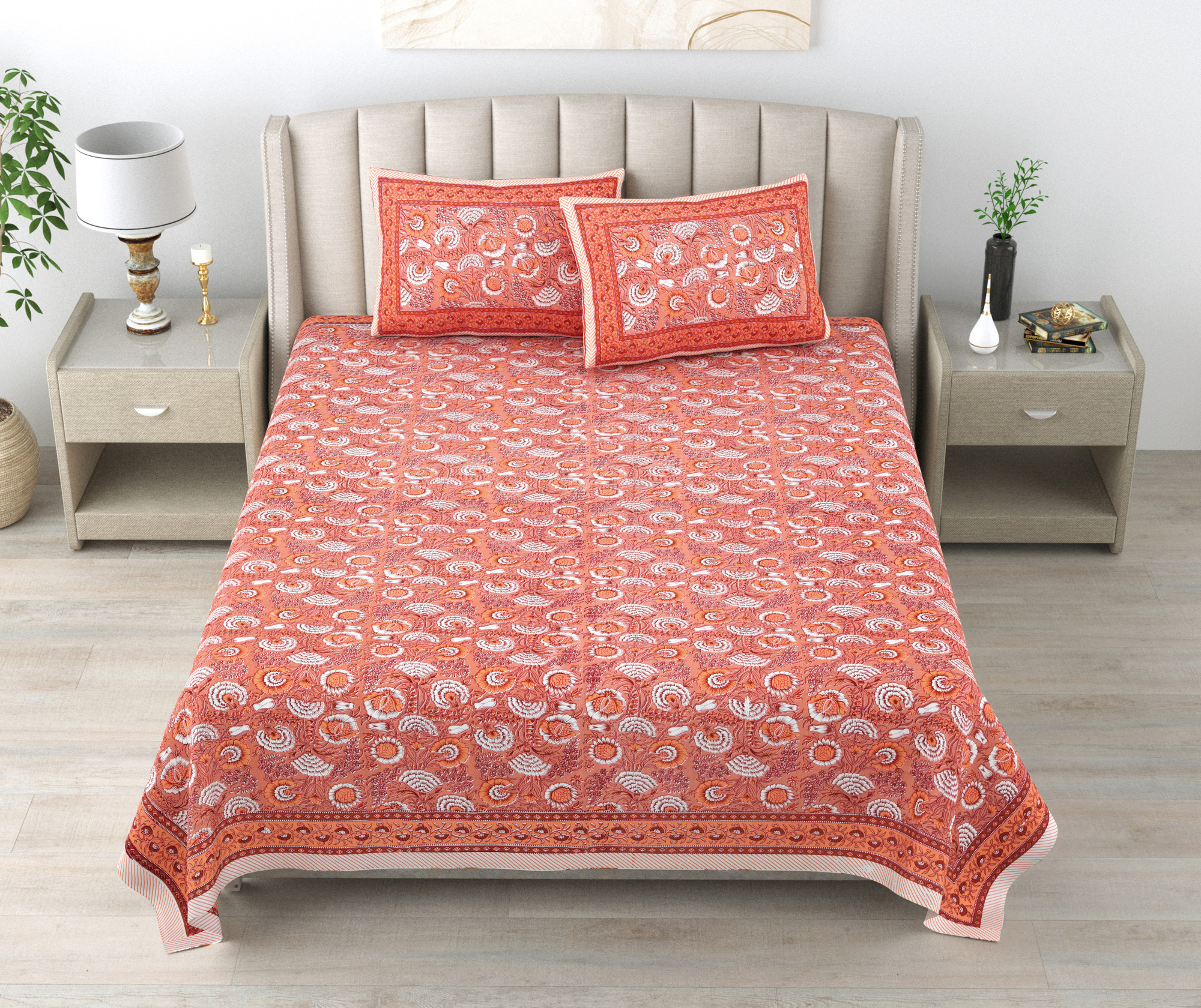 Brown White Floral 240 TC Pure Cotton Double Bedsheet with 2 Pillow Covers