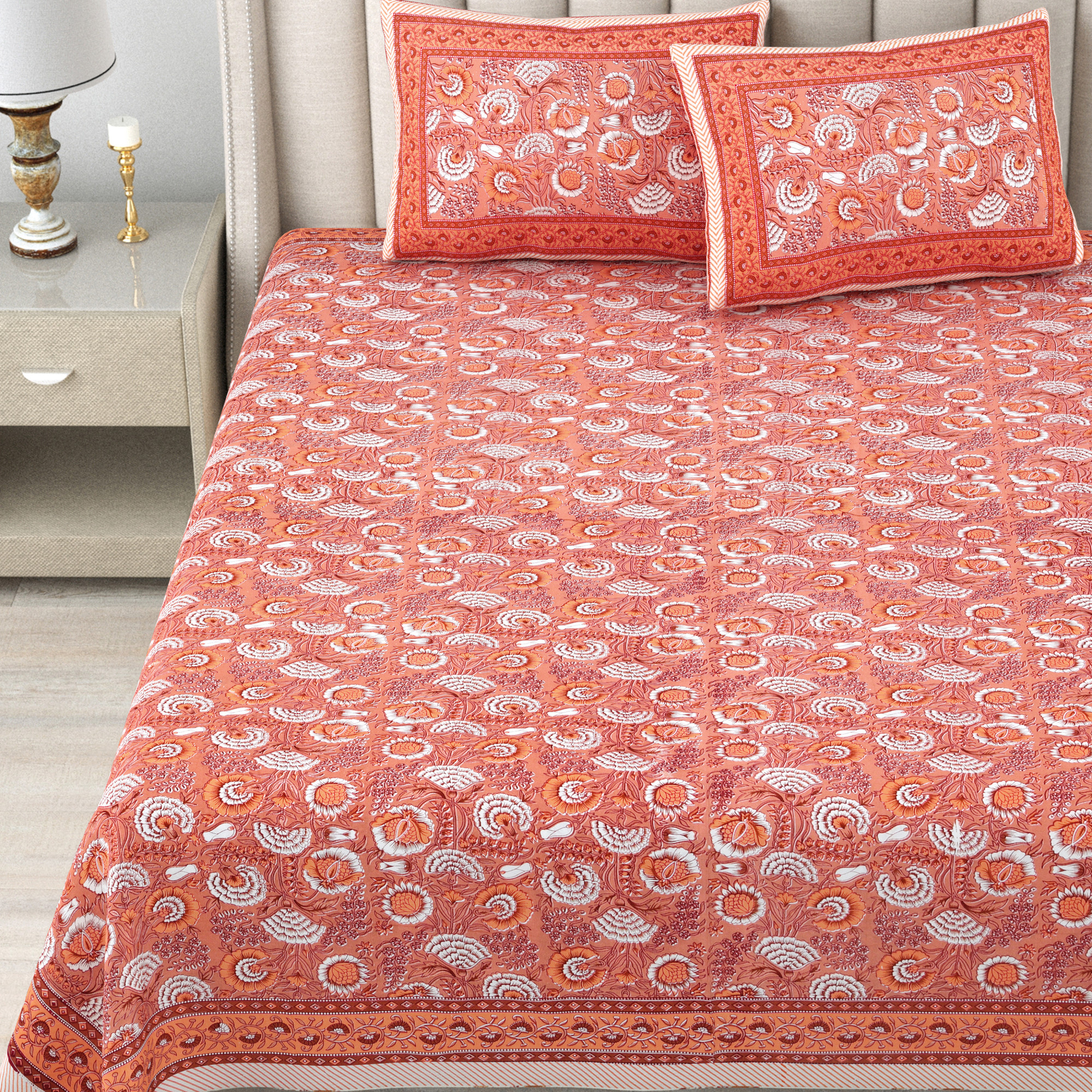 Brown White Floral 240 TC Pure Cotton Double Bedsheet with 2 Pillow Covers