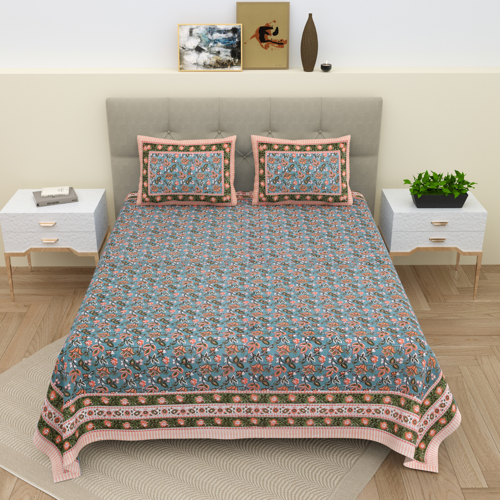 Green  Brown Floral 210 TC  Pure Cotton Double Bedsheet with 2 Pillow Covers