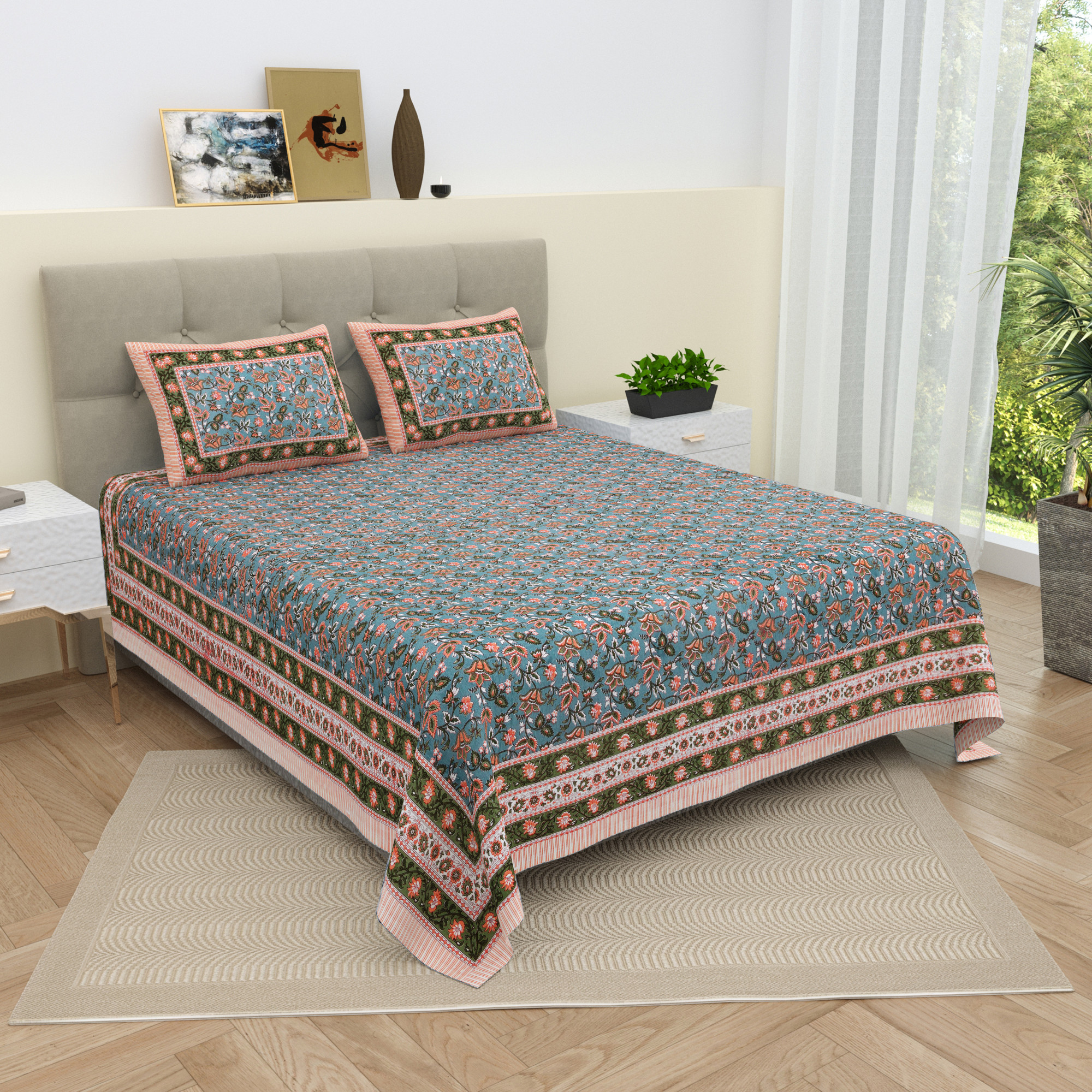 Green Brown Floral 210 TC Pure Cotton Double Bedsheet with 2 Pillow Covers