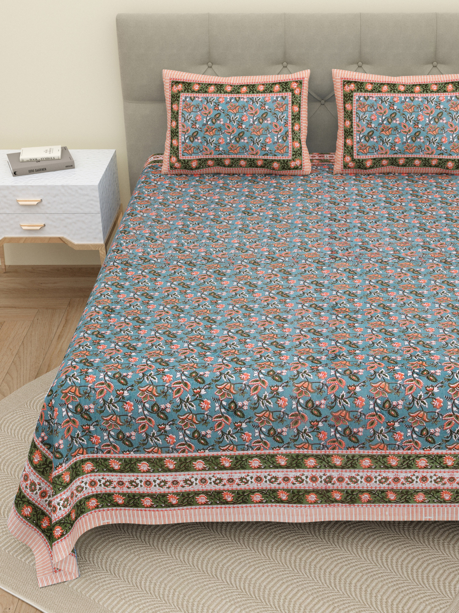 Green  Brown Floral 210 TC  Pure Cotton Double Bedsheet with 2 Pillow Covers