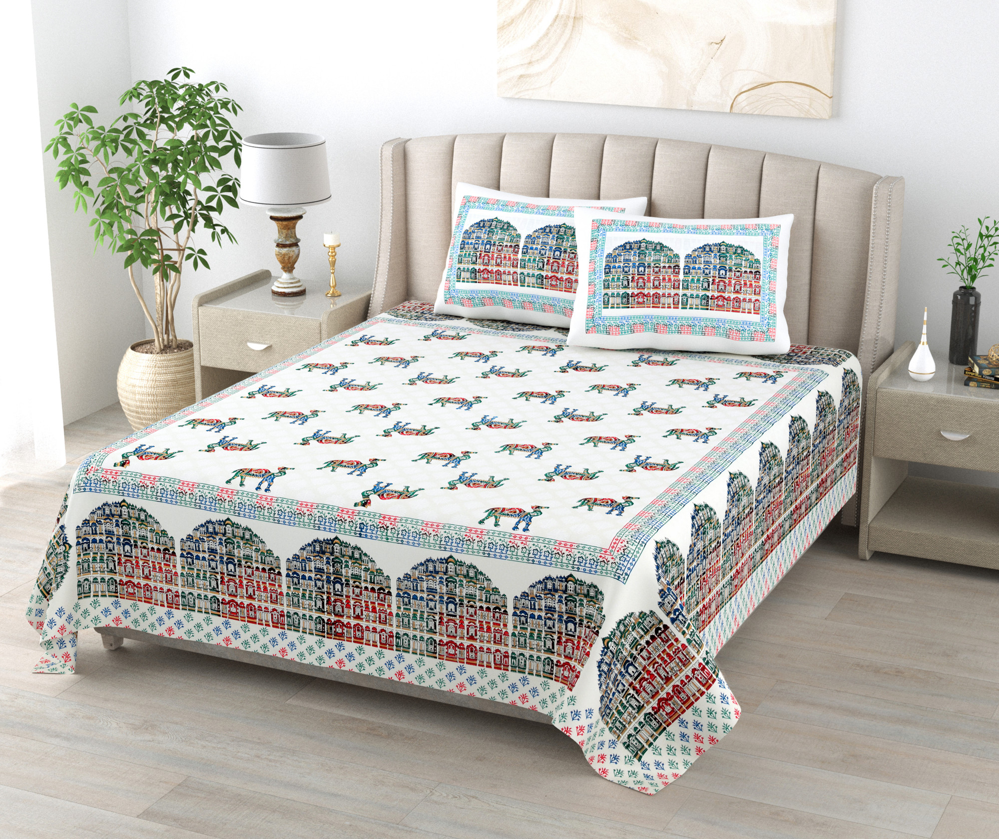 White Printed 240 TC Pure Cotton King Bedsheet with 2 Pillow Covers