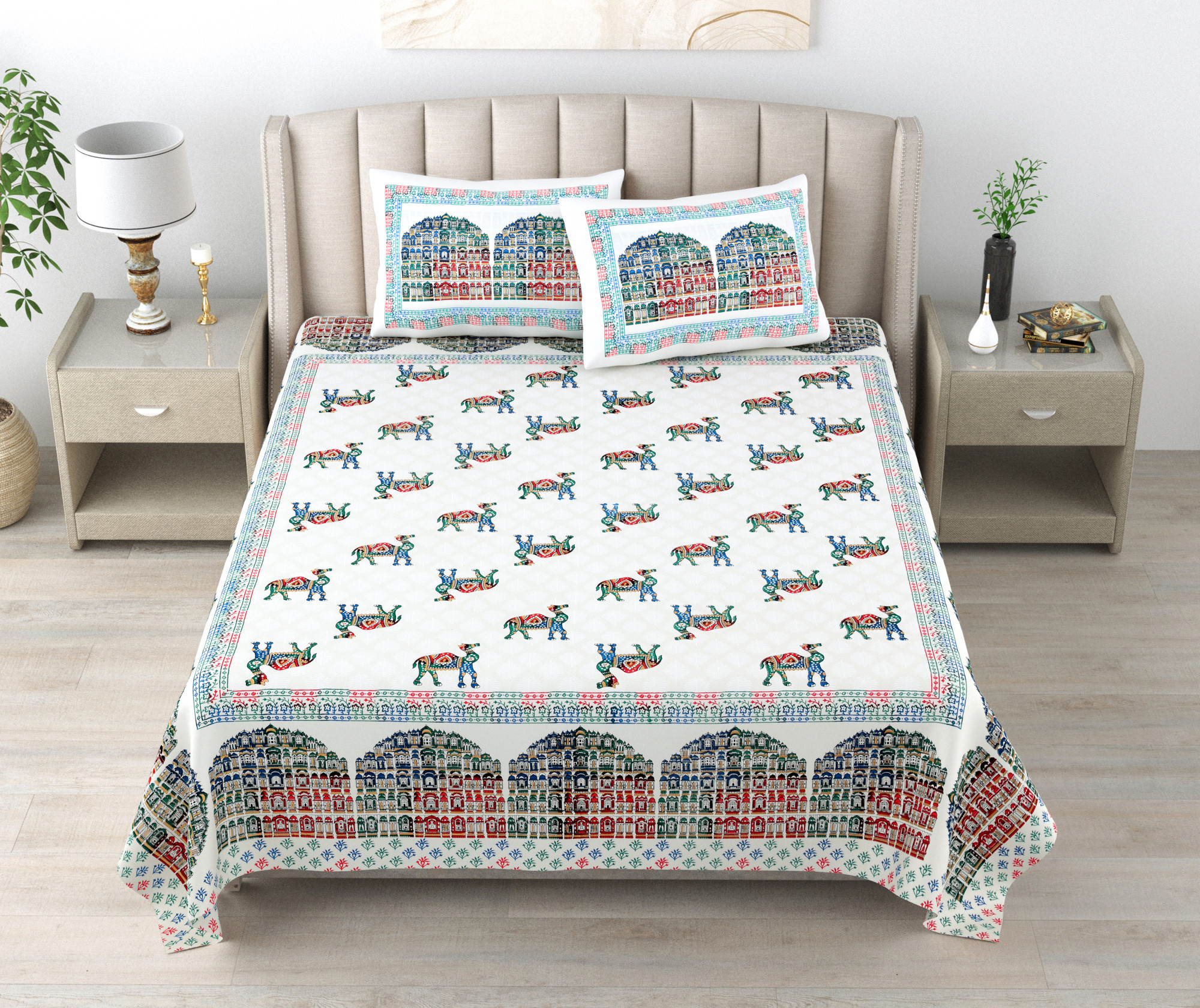 White Printed 240 TC Pure Cotton King Bedsheet with 2 Pillow Covers