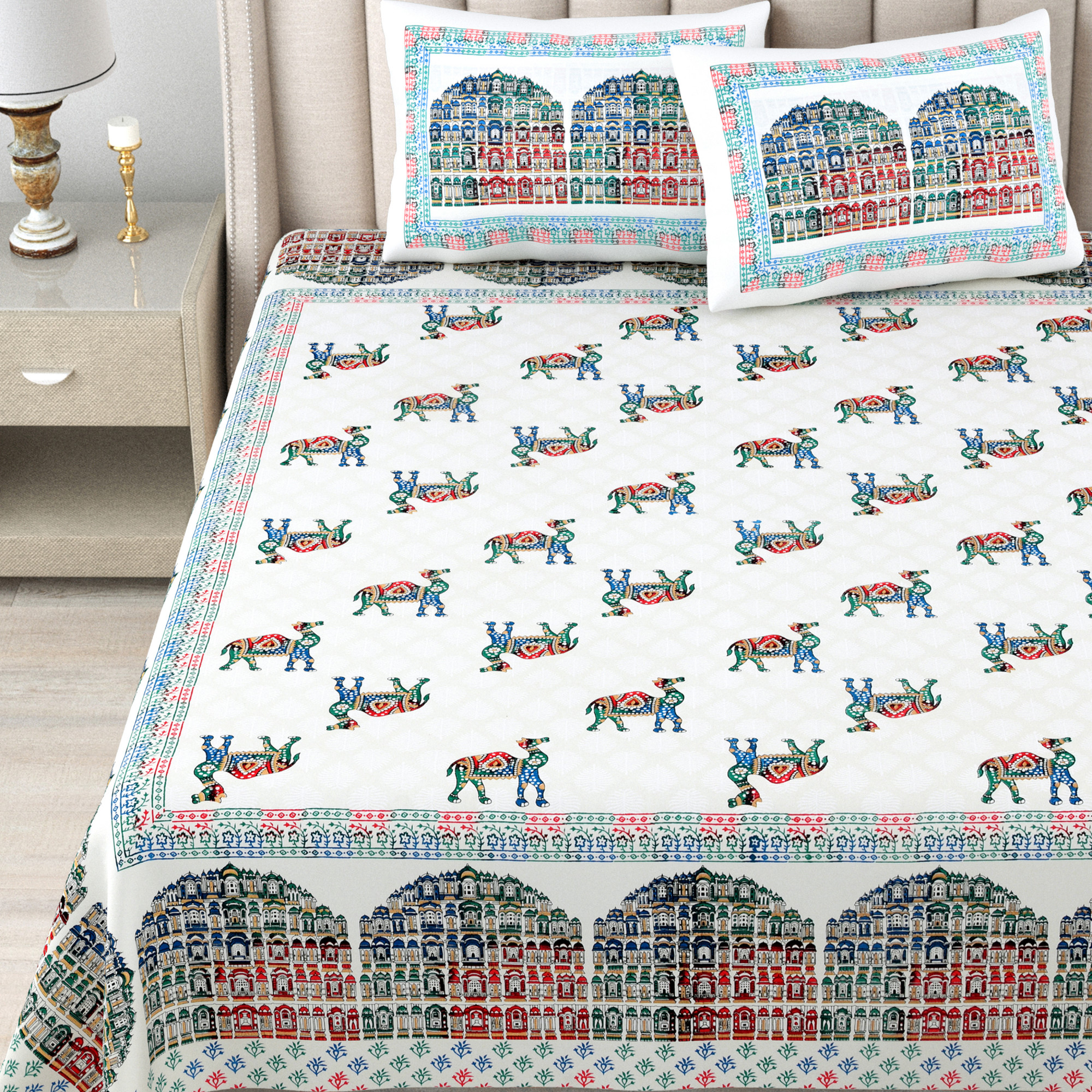 White Printed 240 TC Pure Cotton King Bedsheet with 2 Pillow Covers