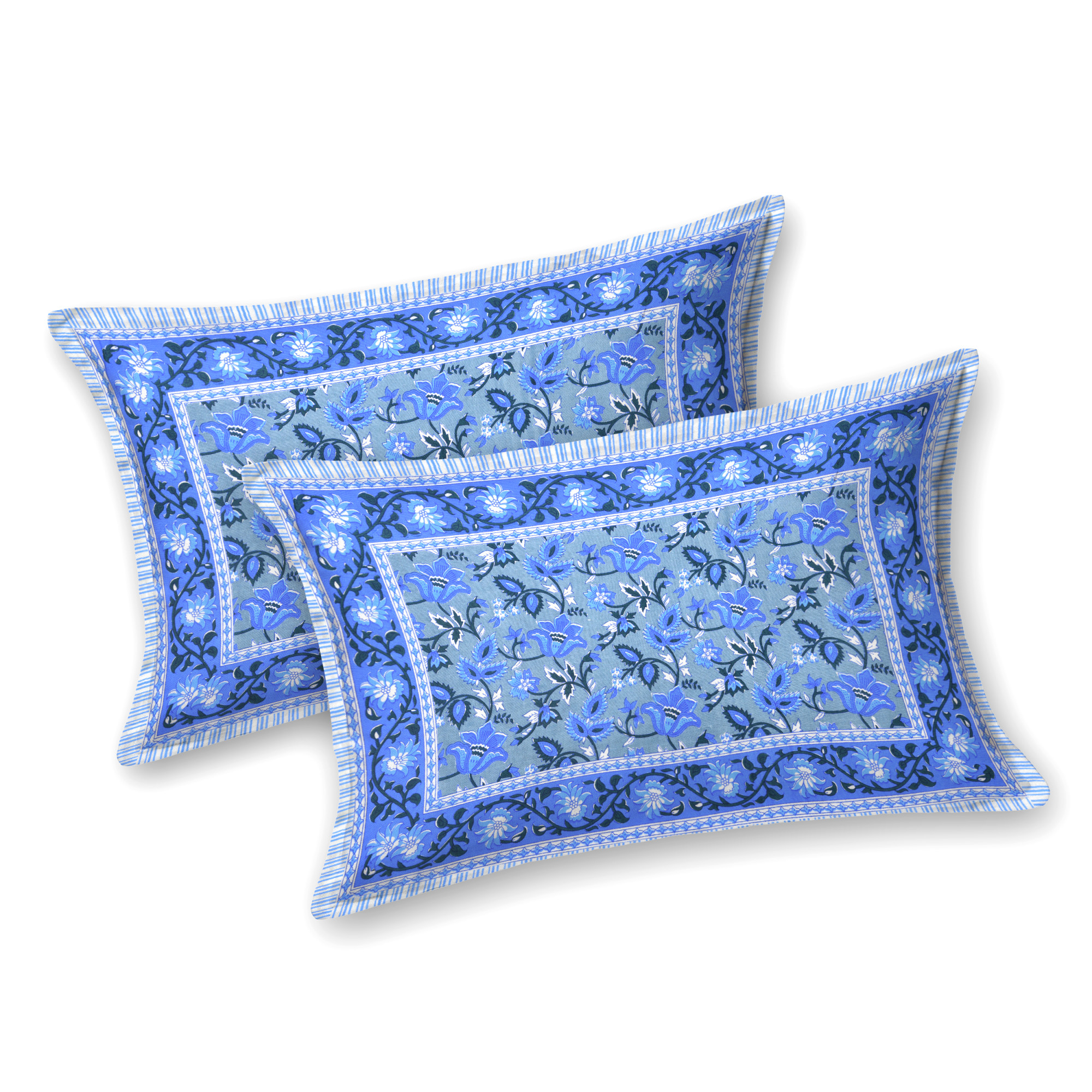 White  Blue Floral 210 TC  Pure Cotton Double Bedsheet with 2 Pillow Covers