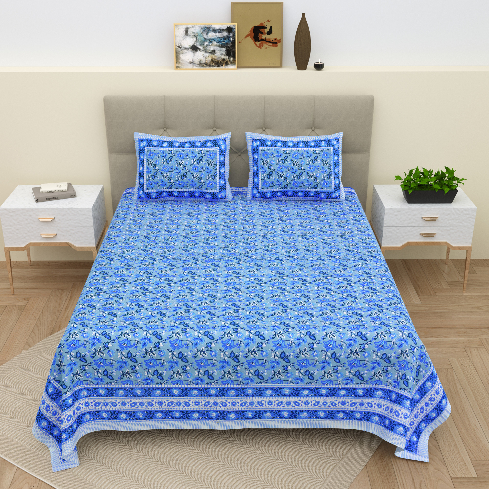 White  Blue Floral 210 TC  Pure Cotton Double Bedsheet with 2 Pillow Covers