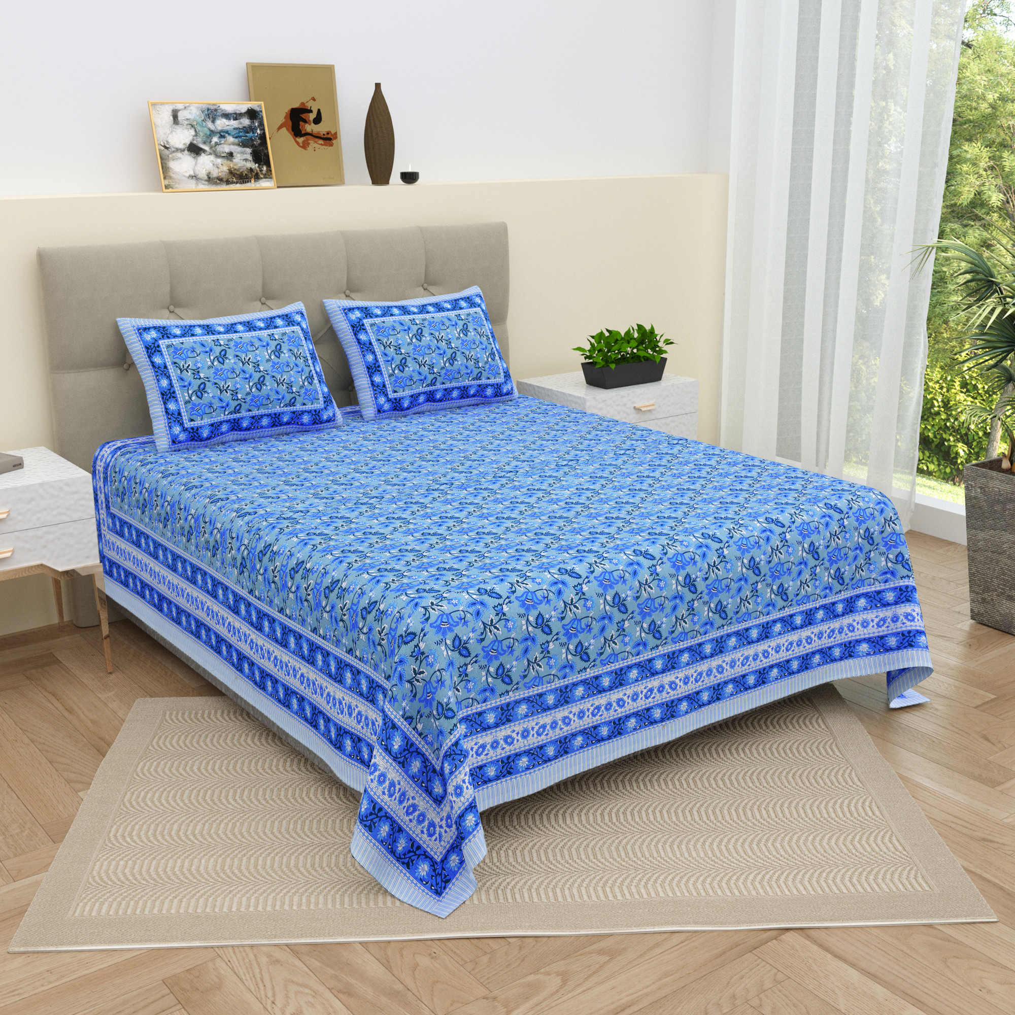 White  Blue Floral 210 TC  Pure Cotton Double Bedsheet with 2 Pillow Covers