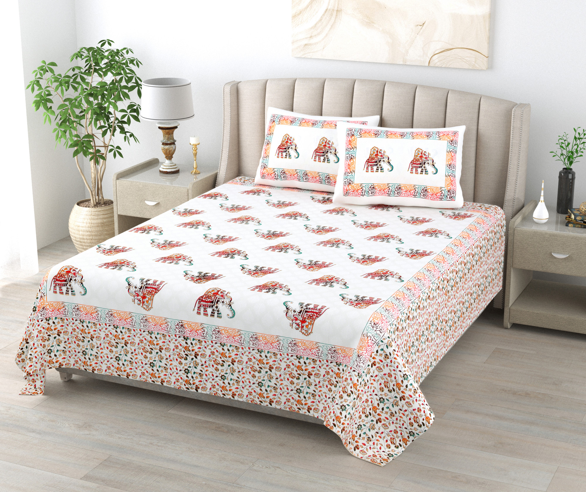 Satrangi Floral Printed 240 TC Pure Cotton Double Bedsheet 2 Pillow Covers