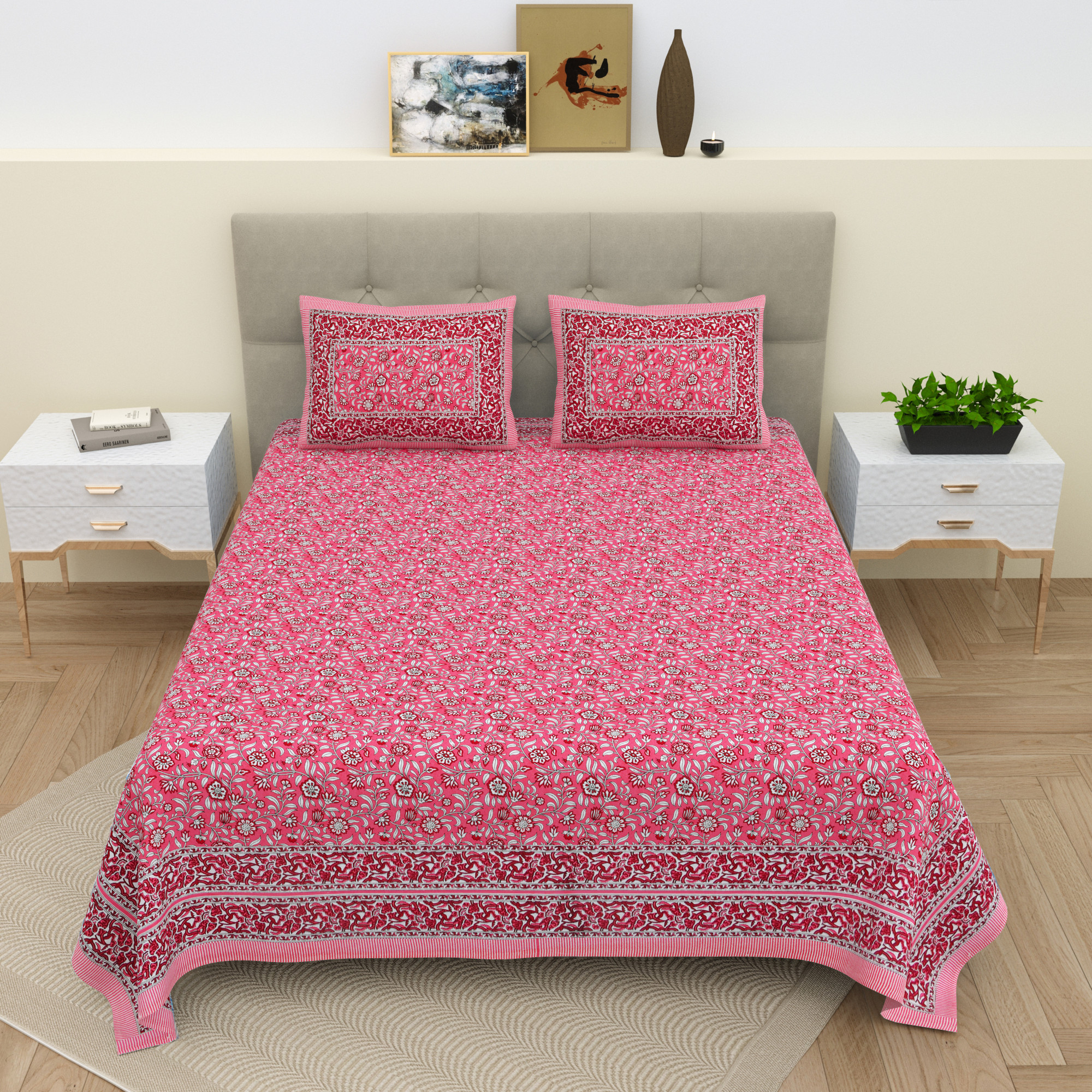 Pink White Floral 210 TC Pure Cotton Double Bedsheet with 2 Pillow Covers