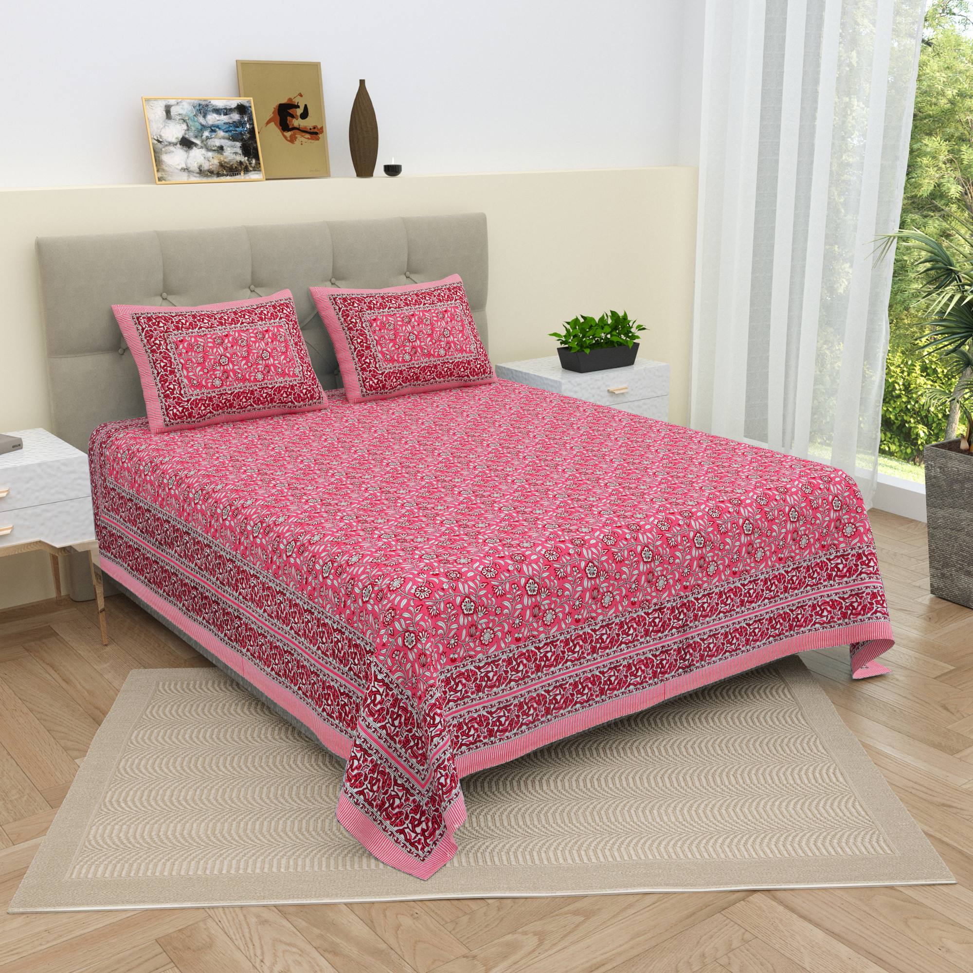 Pink White Floral 210 TC Pure Cotton Double Bedsheet with 2 Pillow Covers