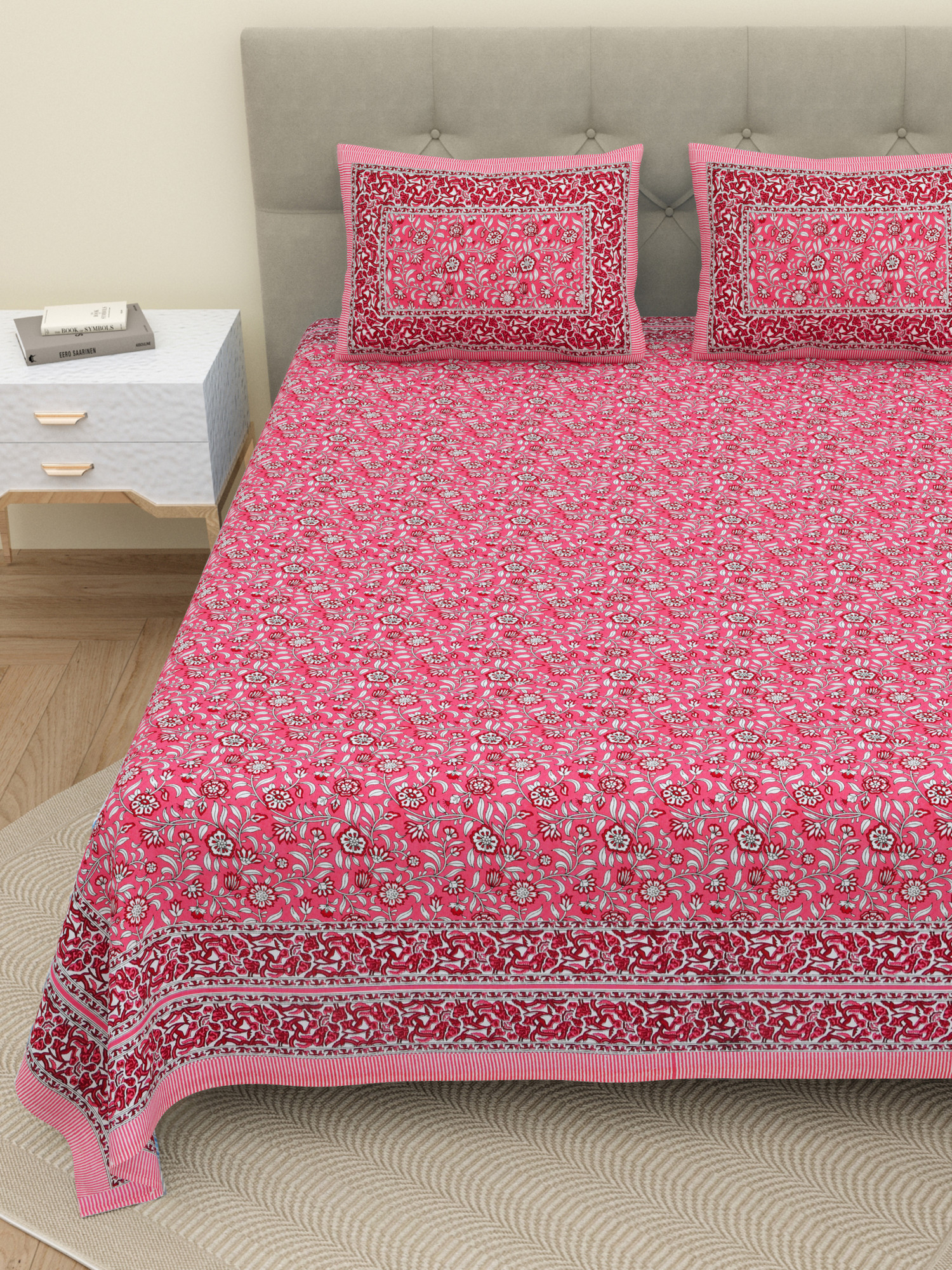 Pink White Floral 210 TC Pure Cotton Double Bedsheet with 2 Pillow Covers