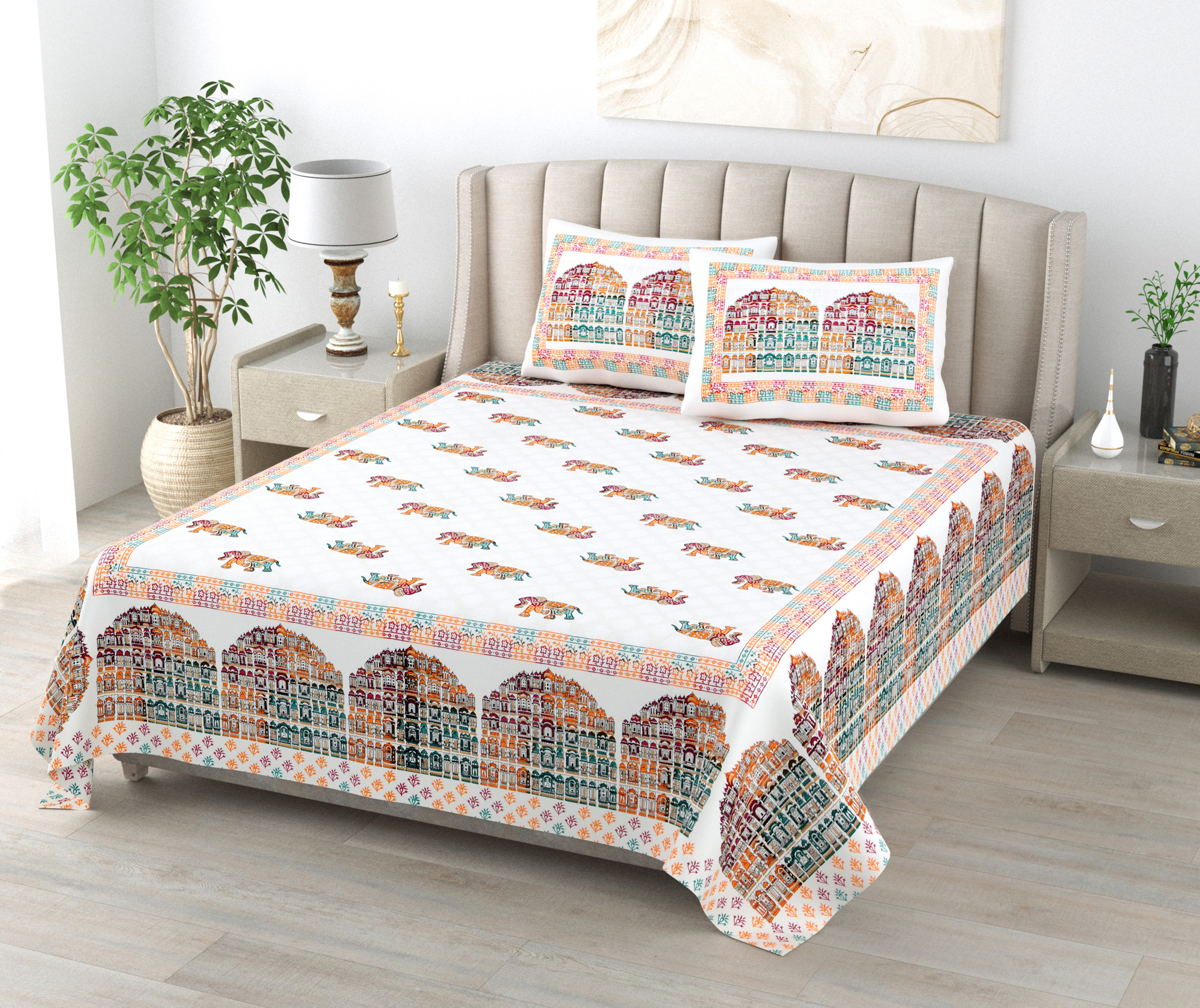 White Printed 240 TC Pure Cotton King Bedsheet with 2 Pillow Covers