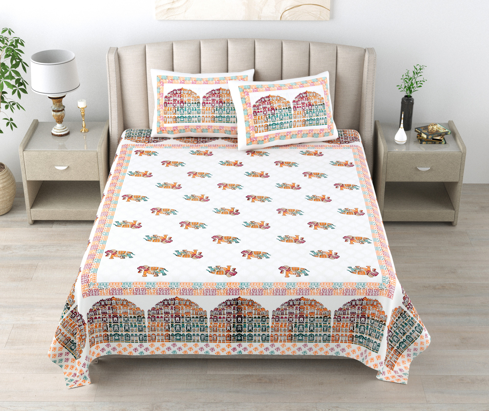 White Printed 240 TC Pure Cotton King Bedsheet with 2 Pillow Covers