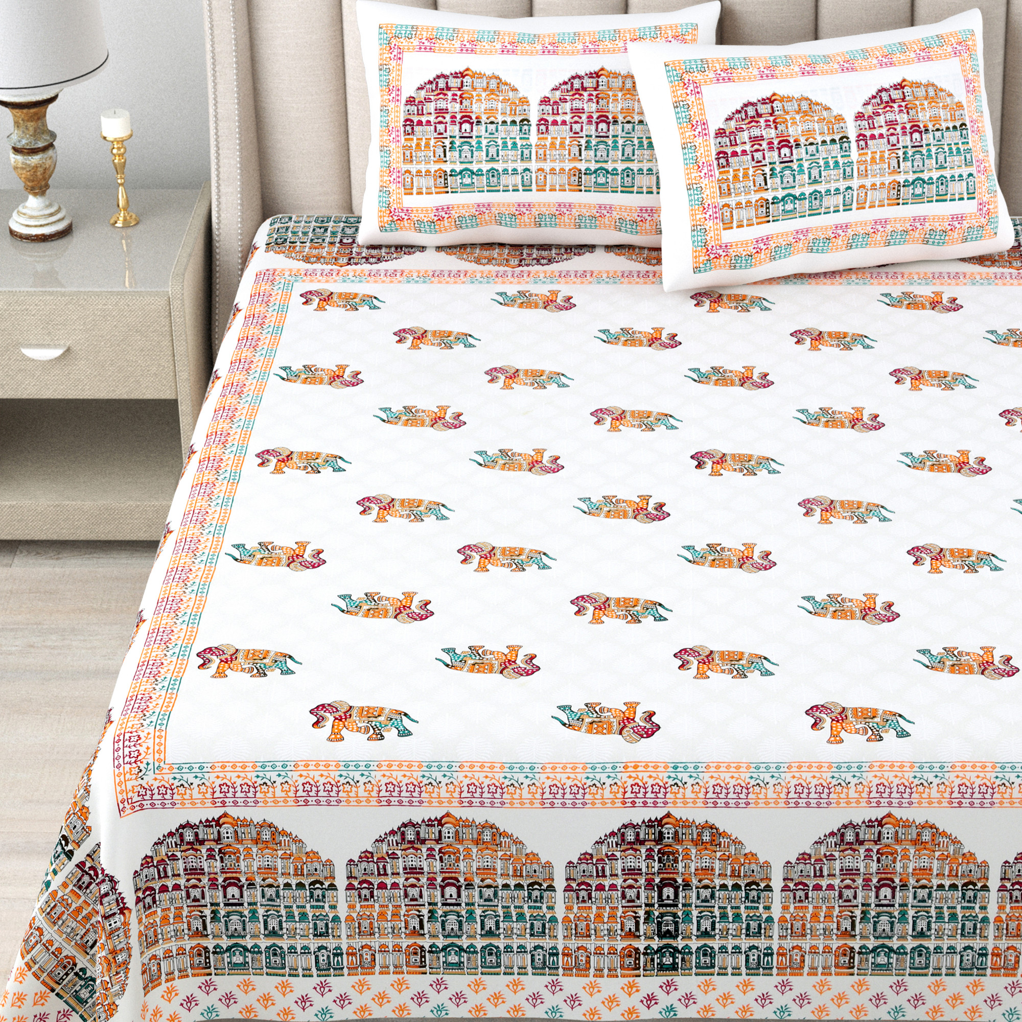White Printed 240 TC Pure Cotton King Bedsheet with 2 Pillow Covers