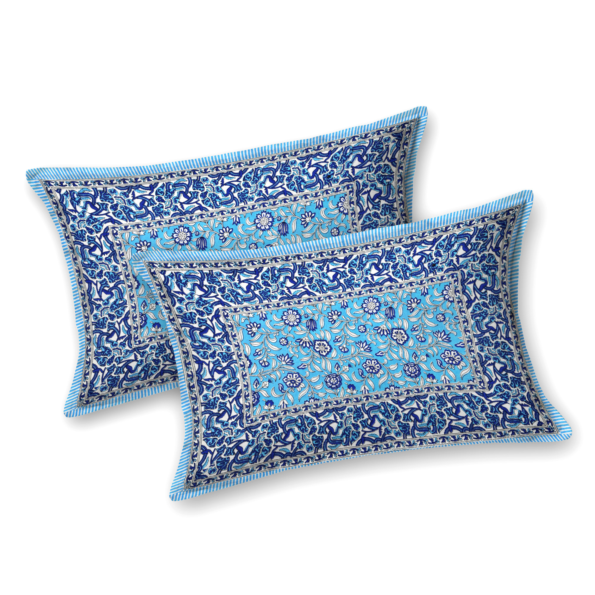 White Blue Floral 210 TC Pure Cotton Double Bedsheet with 2 Pillow Covers