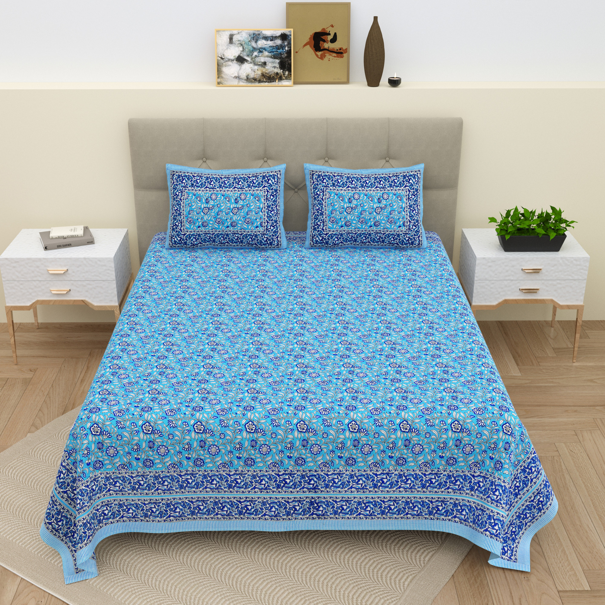 White Blue Floral 210 TC Pure Cotton Double Bedsheet with 2 Pillow Covers