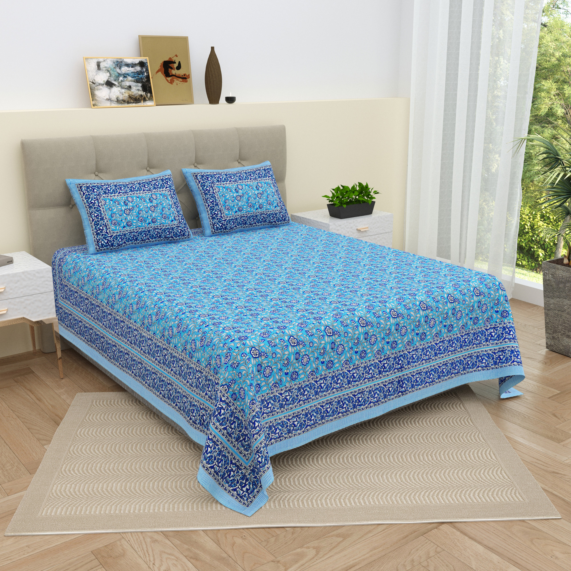 White Blue Floral 210 TC Pure Cotton Double Bedsheet with 2 Pillow Covers