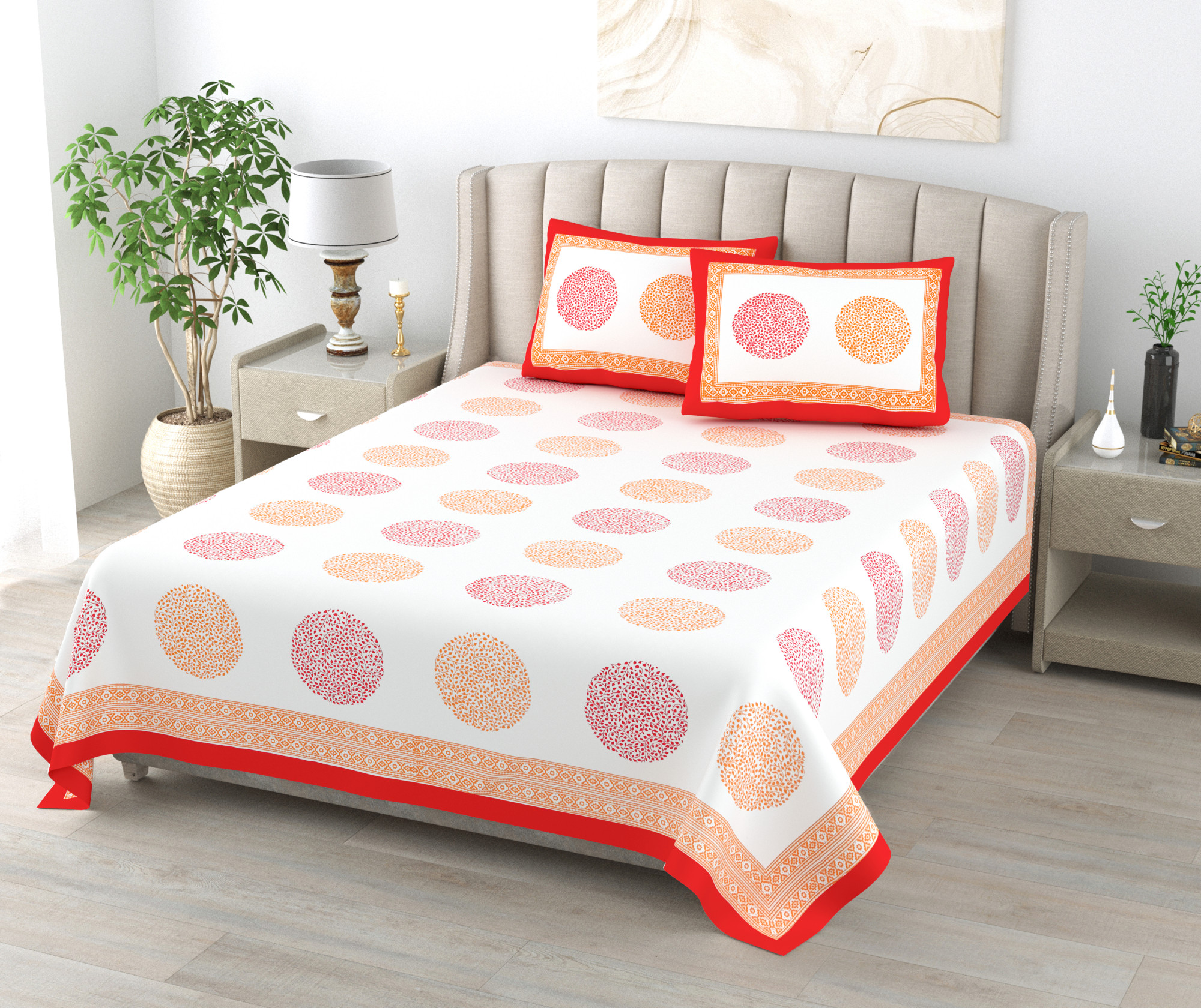 Yellow White Floral 240 TC Pure Cotton Double Bedsheet with 2 Pillow Covers