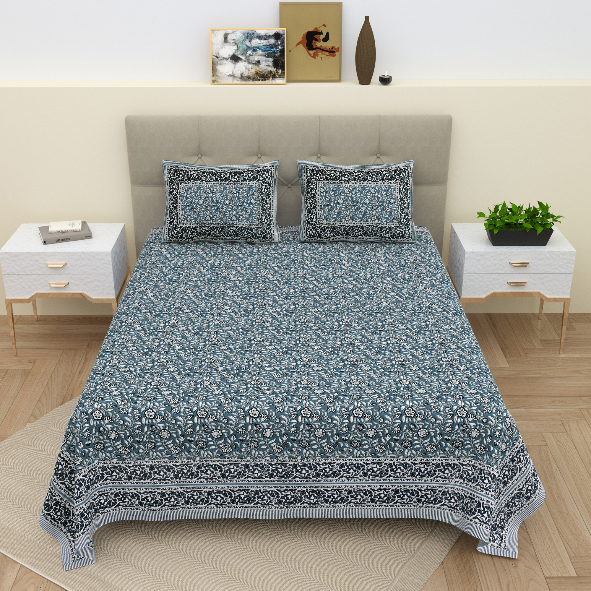 White Grey Floral 210 TC Pure Cotton Double Bedsheet with 2 Pillow Covers