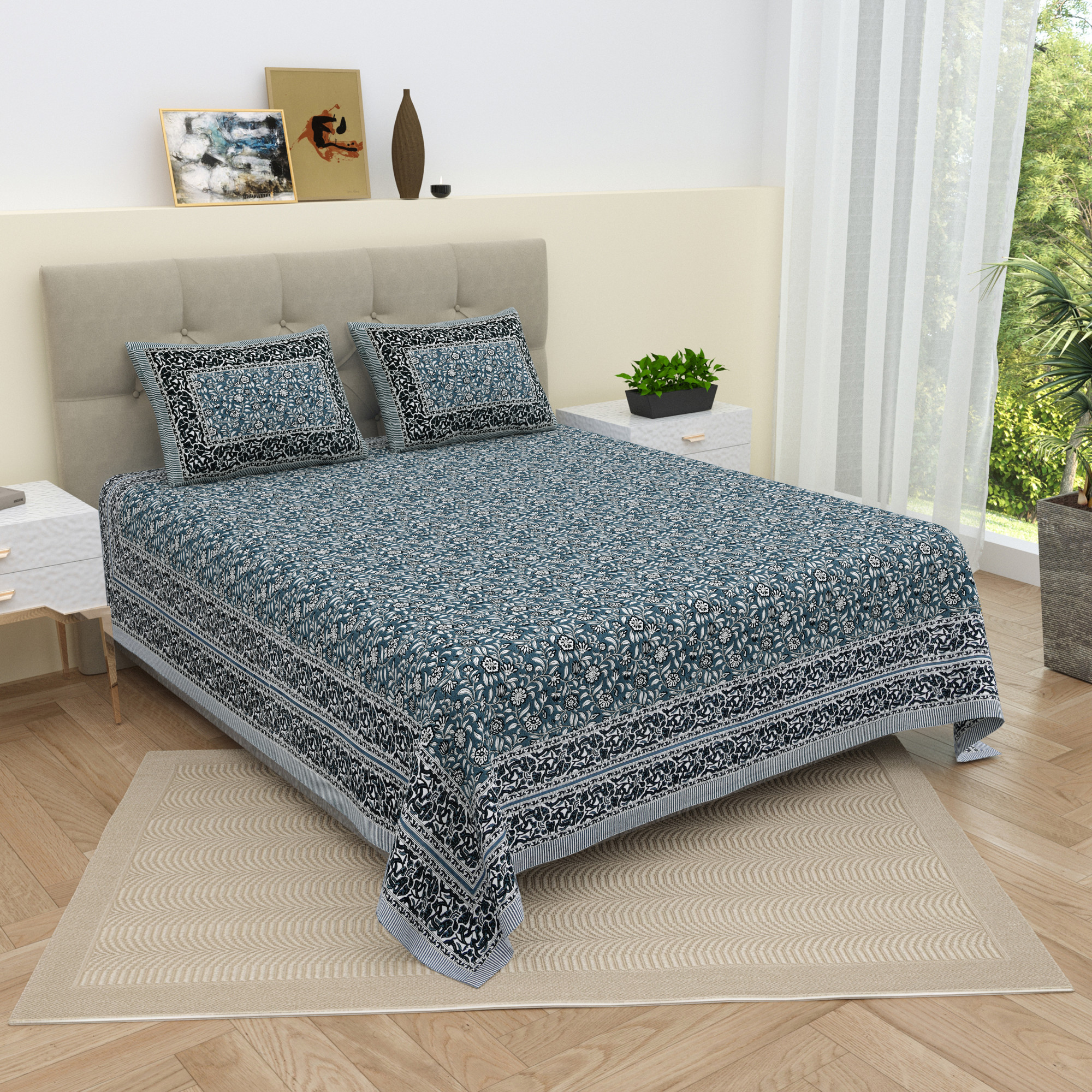 White Grey Floral 210 TC Pure Cotton Double Bedsheet with 2 Pillow Covers