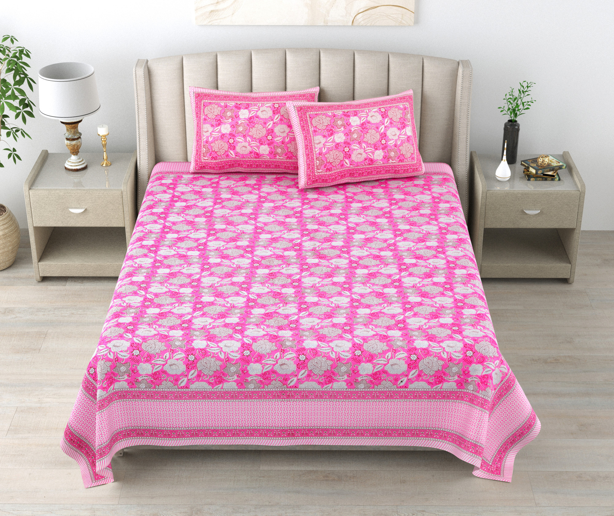 Pink White Floral 240 TC Pure Cotton Double Bedsheet with 2 Pillow Covers