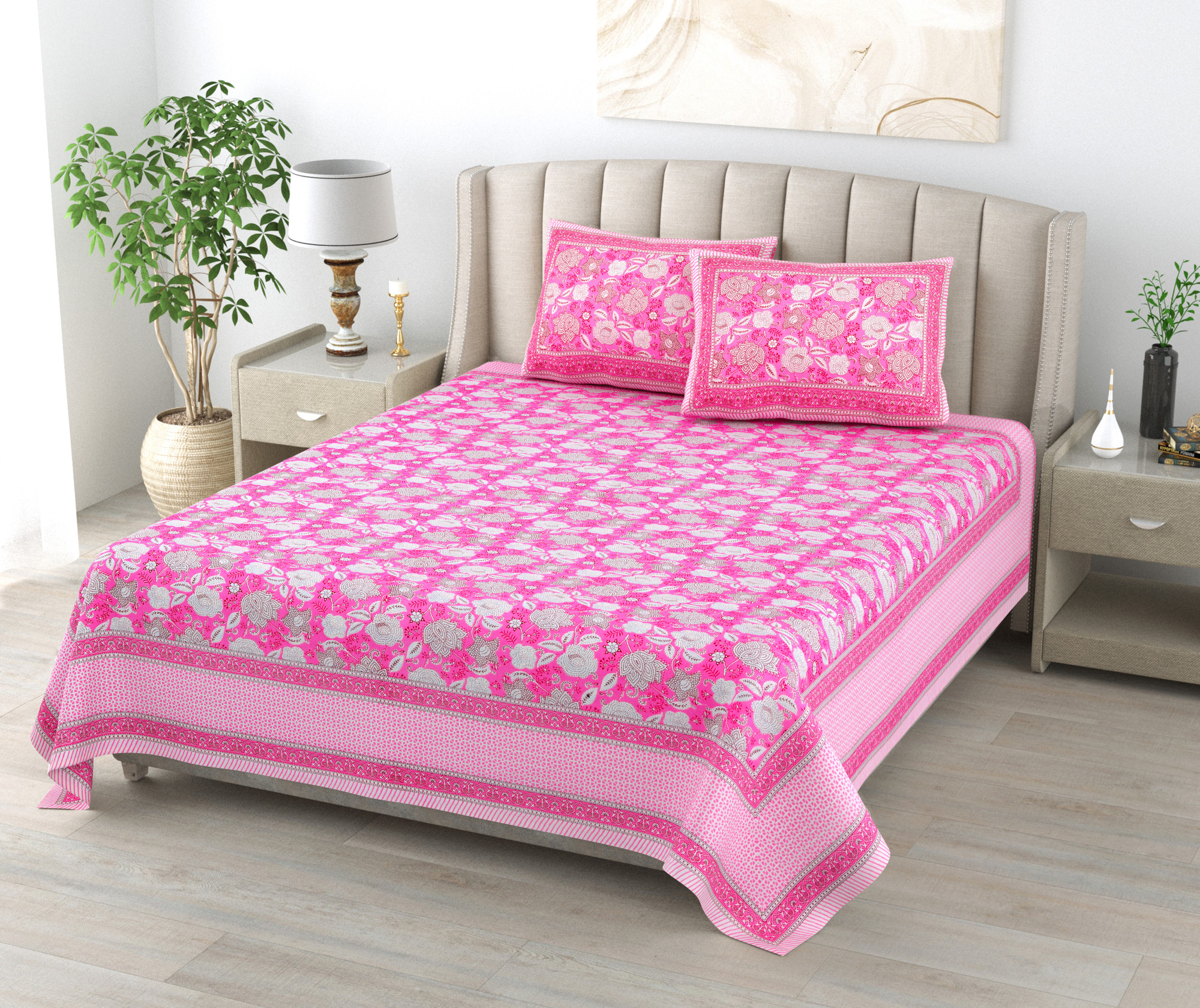 Pink White Floral 240 TC Pure Cotton Double Bedsheet with 2 Pillow Covers