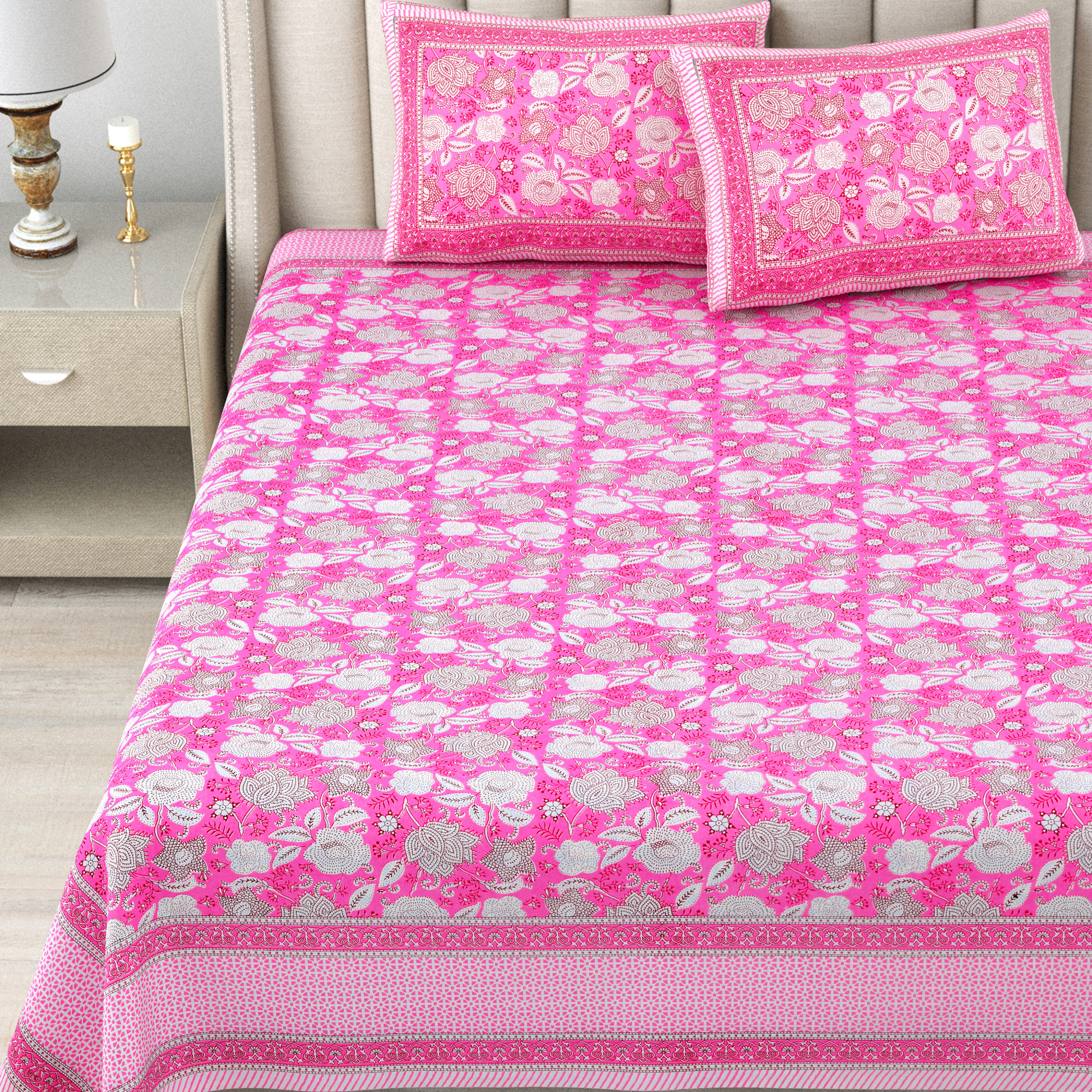 Pink White Floral 240 TC Pure Cotton Double Bedsheet with 2 Pillow Covers