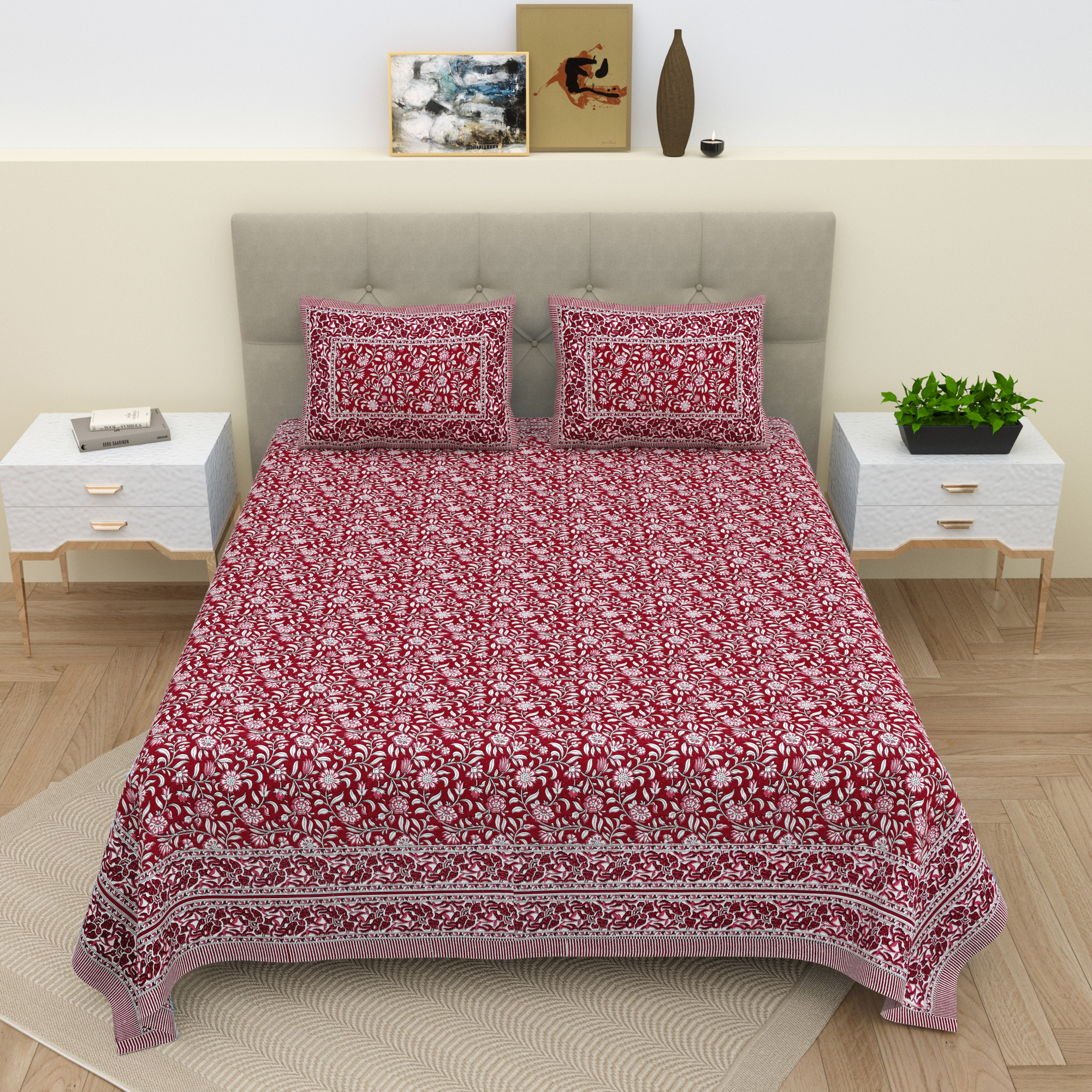 White  Maroon Floral 210 TC Pure Cotton Double Bedsheet with 2 Pillow Covers