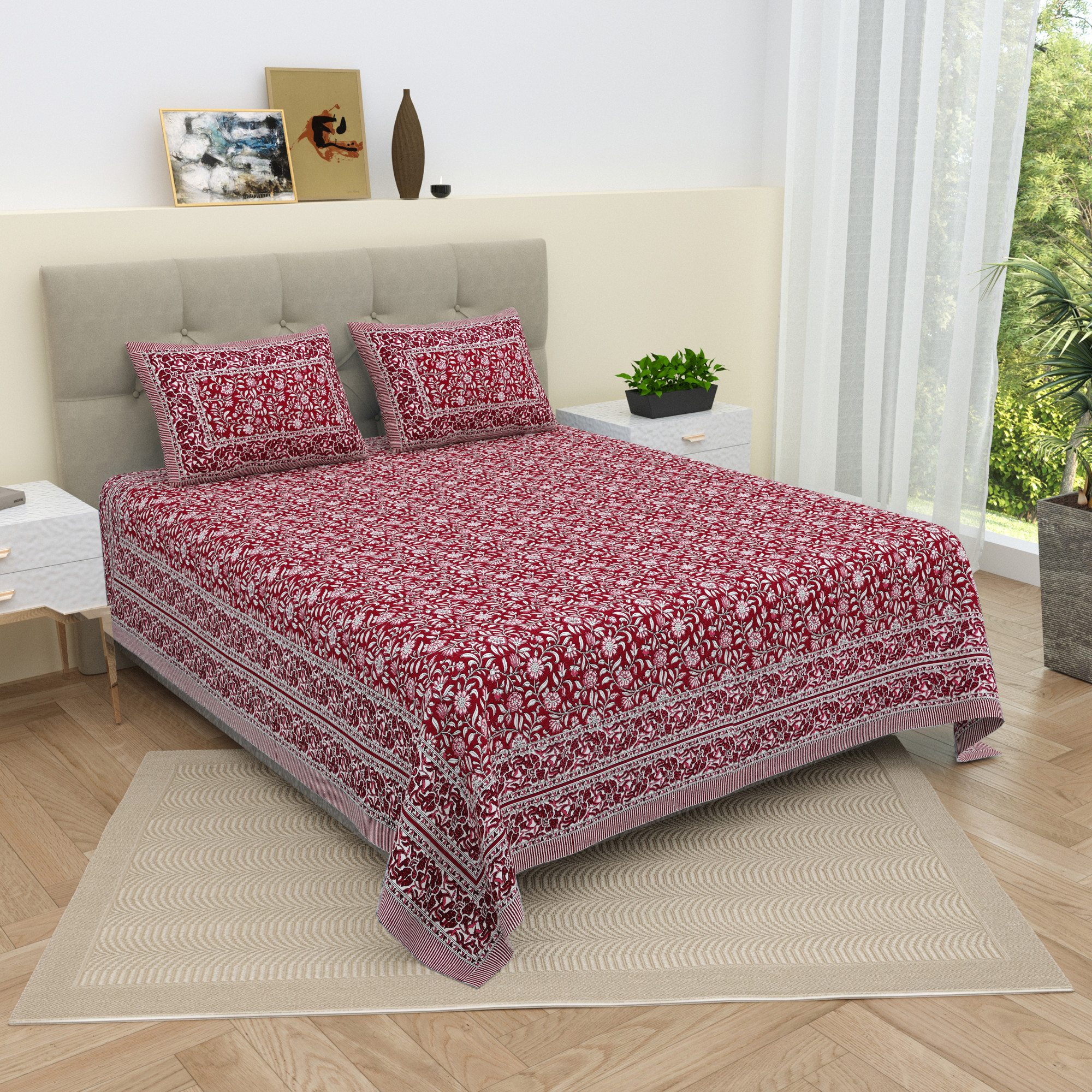 White Maroon Floral 210 TC Pure Cotton Double Bedsheet with 2 Pillow Covers
