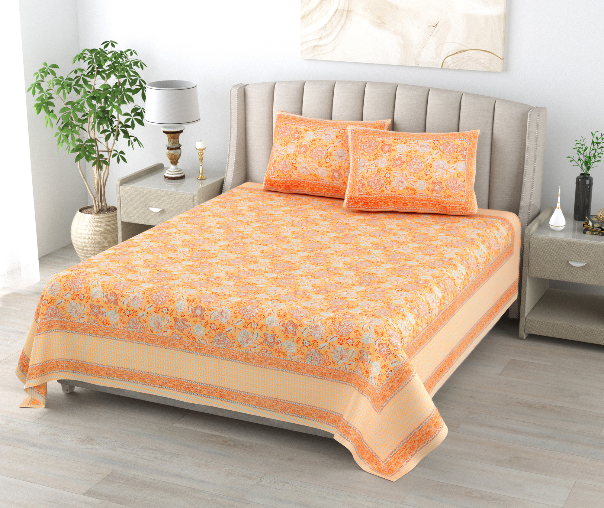 Yellow White Floral 240 TC Pure Cotton Double Bedsheet with 2 Pillow Covers