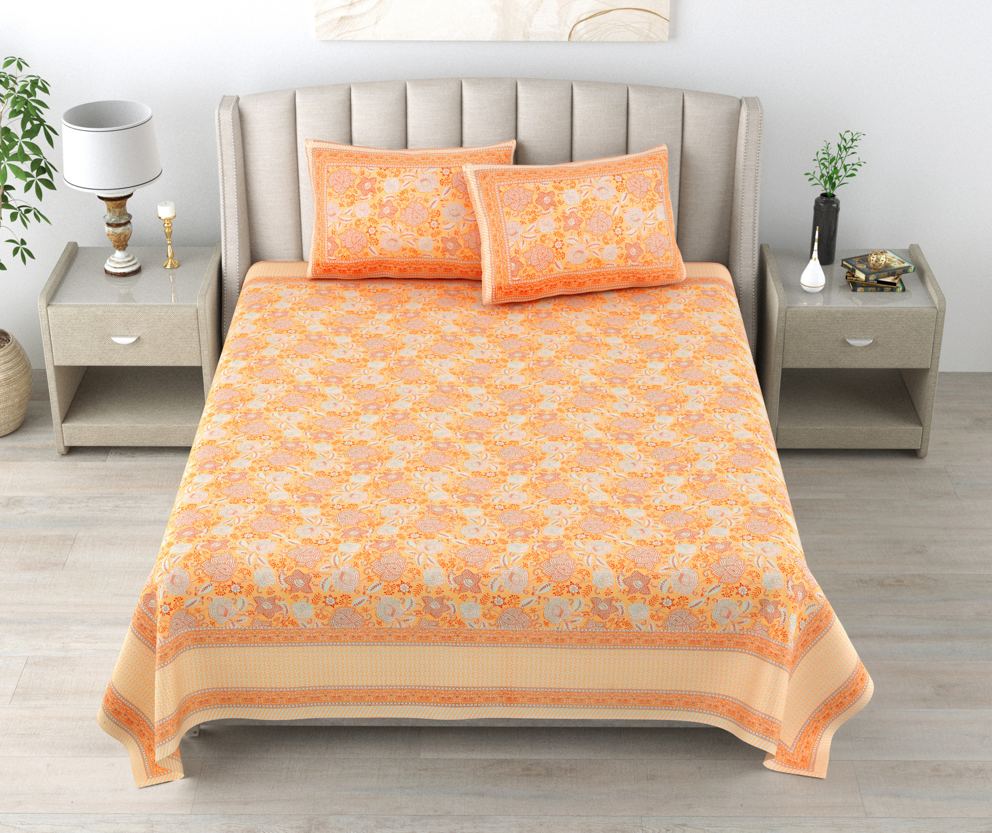 Yellow White Floral 240 TC Pure Cotton Double Bedsheet with 2 Pillow Covers