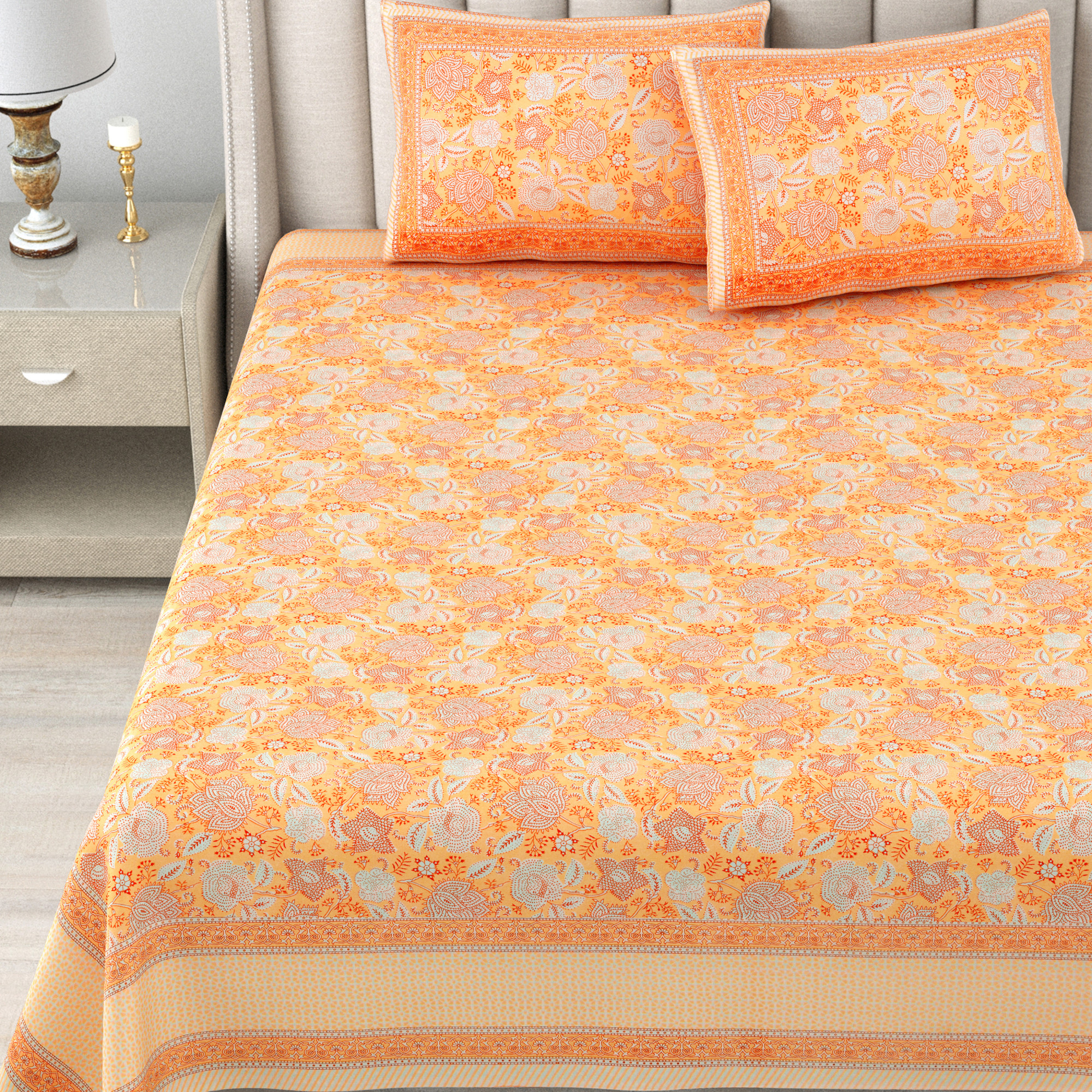 Yellow White Floral 240 TC Pure Cotton Double Bedsheet with 2 Pillow Covers