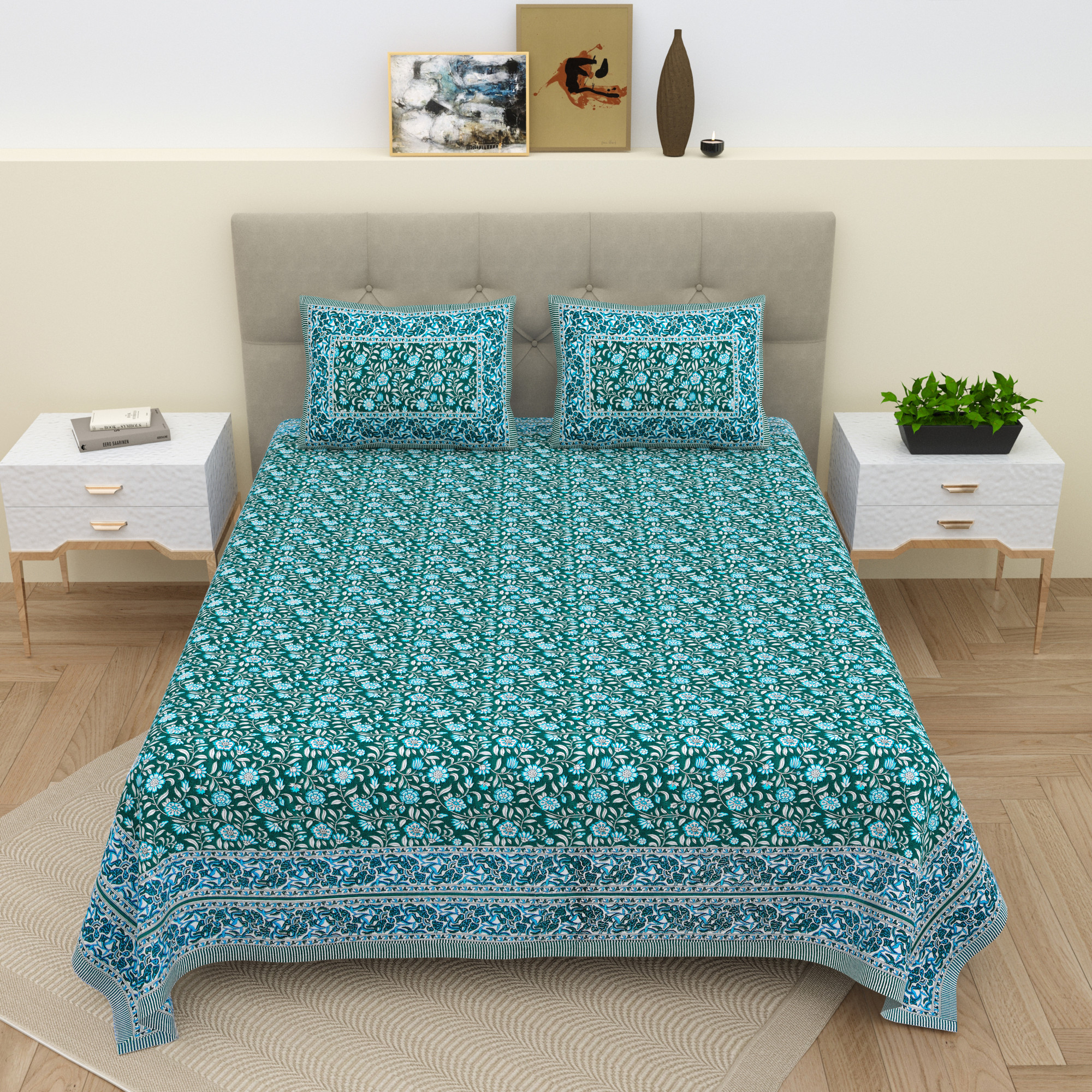 White Green Floral 210 TC Pure Cotton Double Bedsheet with 2 Pillow Covers