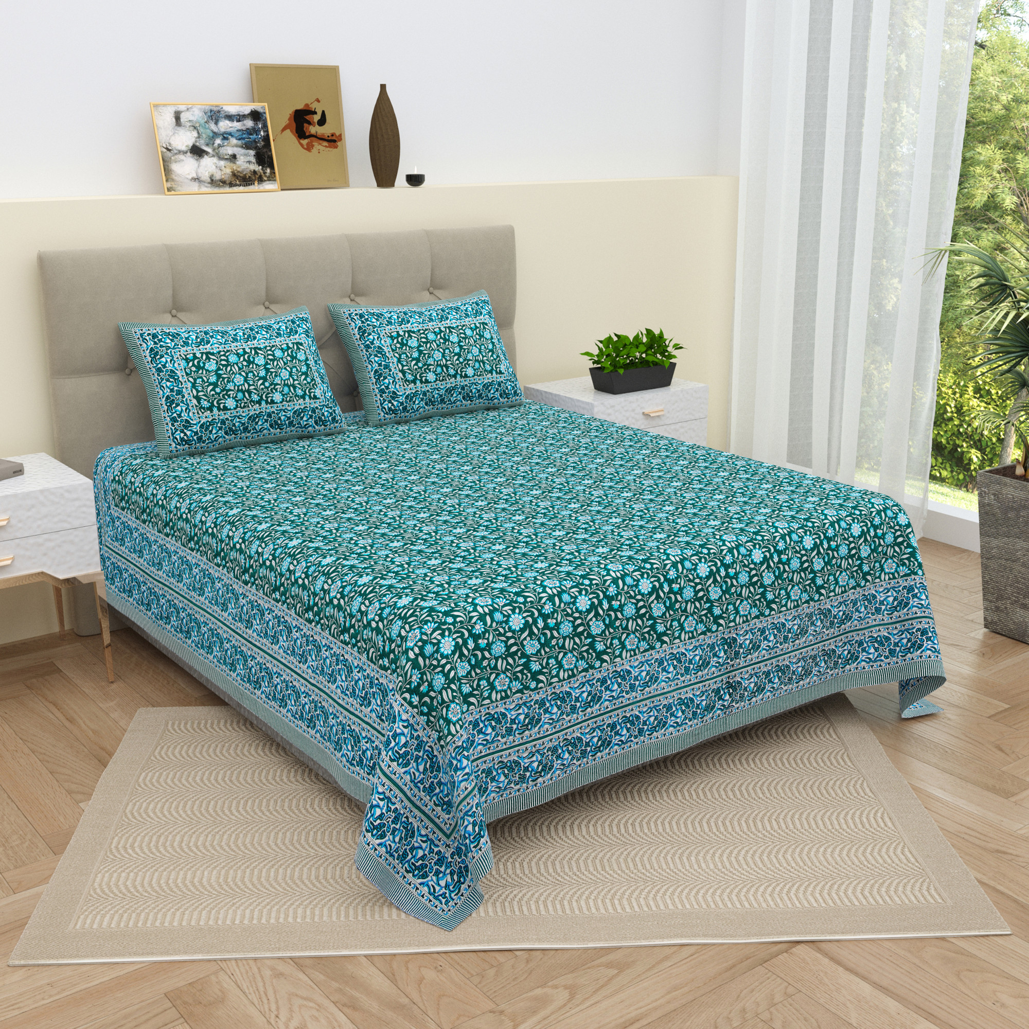 White Green Floral 210 TC Pure Cotton Double Bedsheet with 2 Pillow Covers