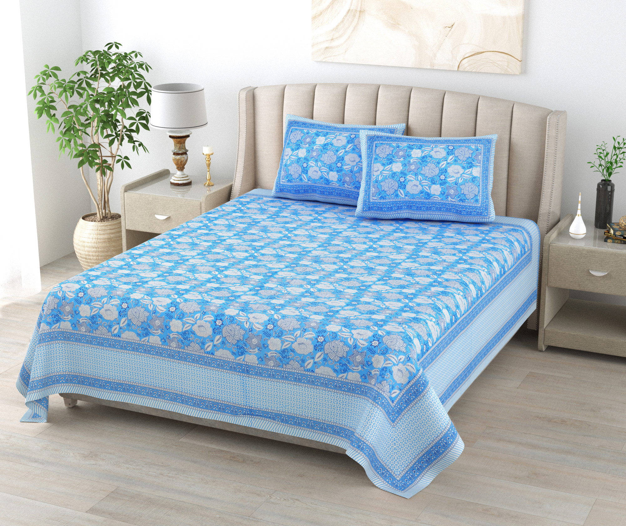 Blue White Floral 240 TC Pure Cotton Double Bedsheet with 2 Pillow Covers
