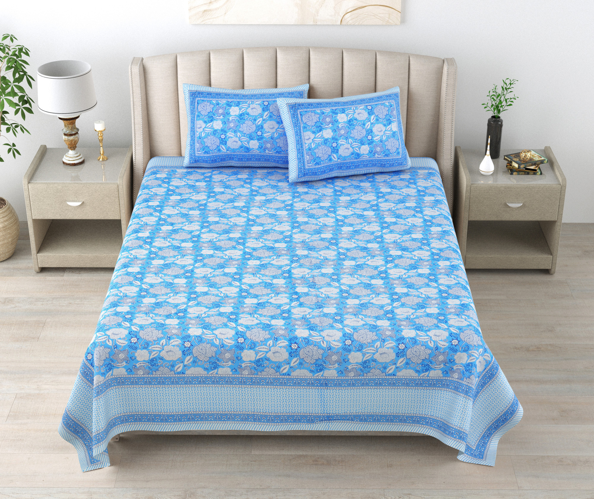 Blue White Floral 240 TC Pure Cotton Double Bedsheet with 2 Pillow Covers
