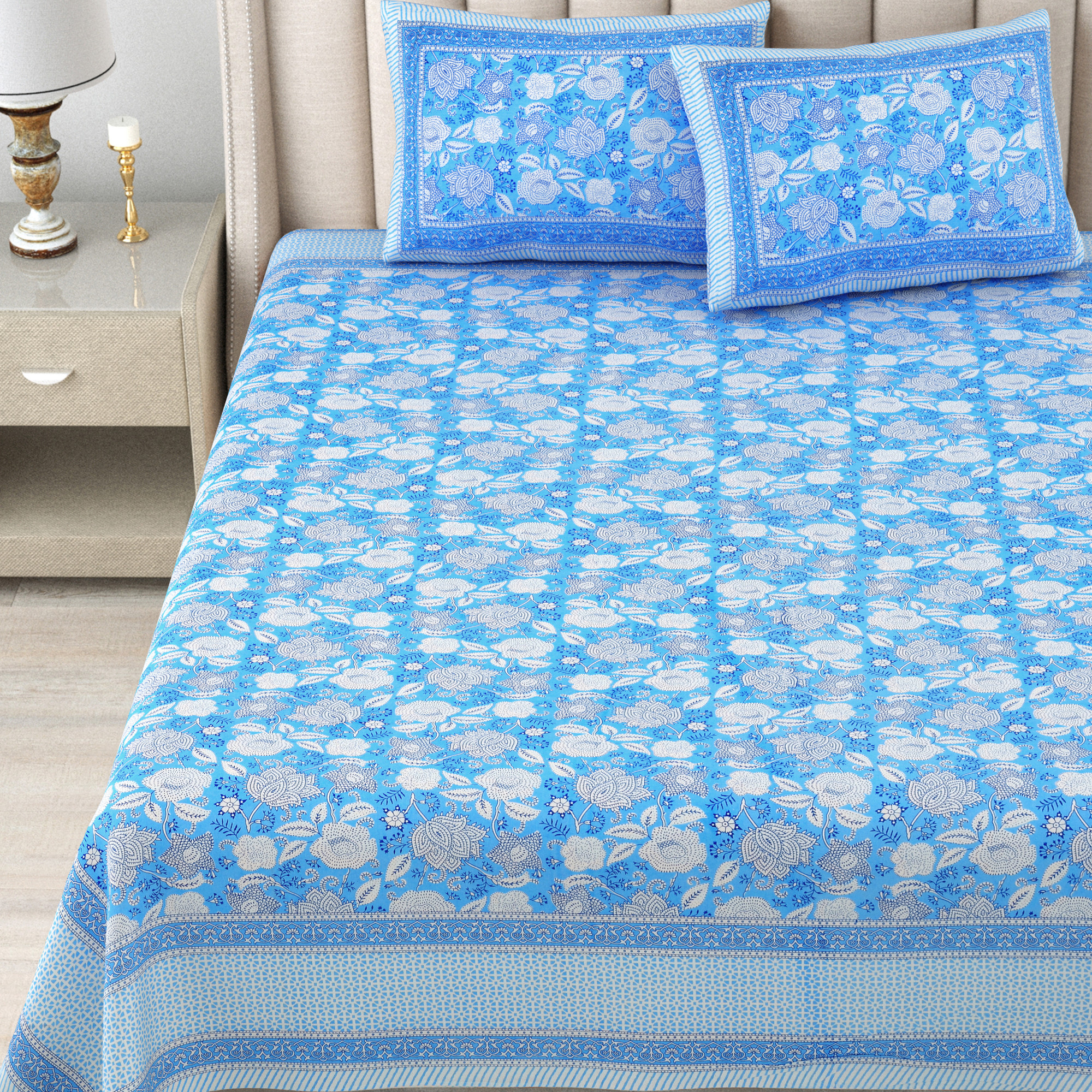 Blue White Floral 240 TC Pure Cotton Double Bedsheet with 2 Pillow Covers