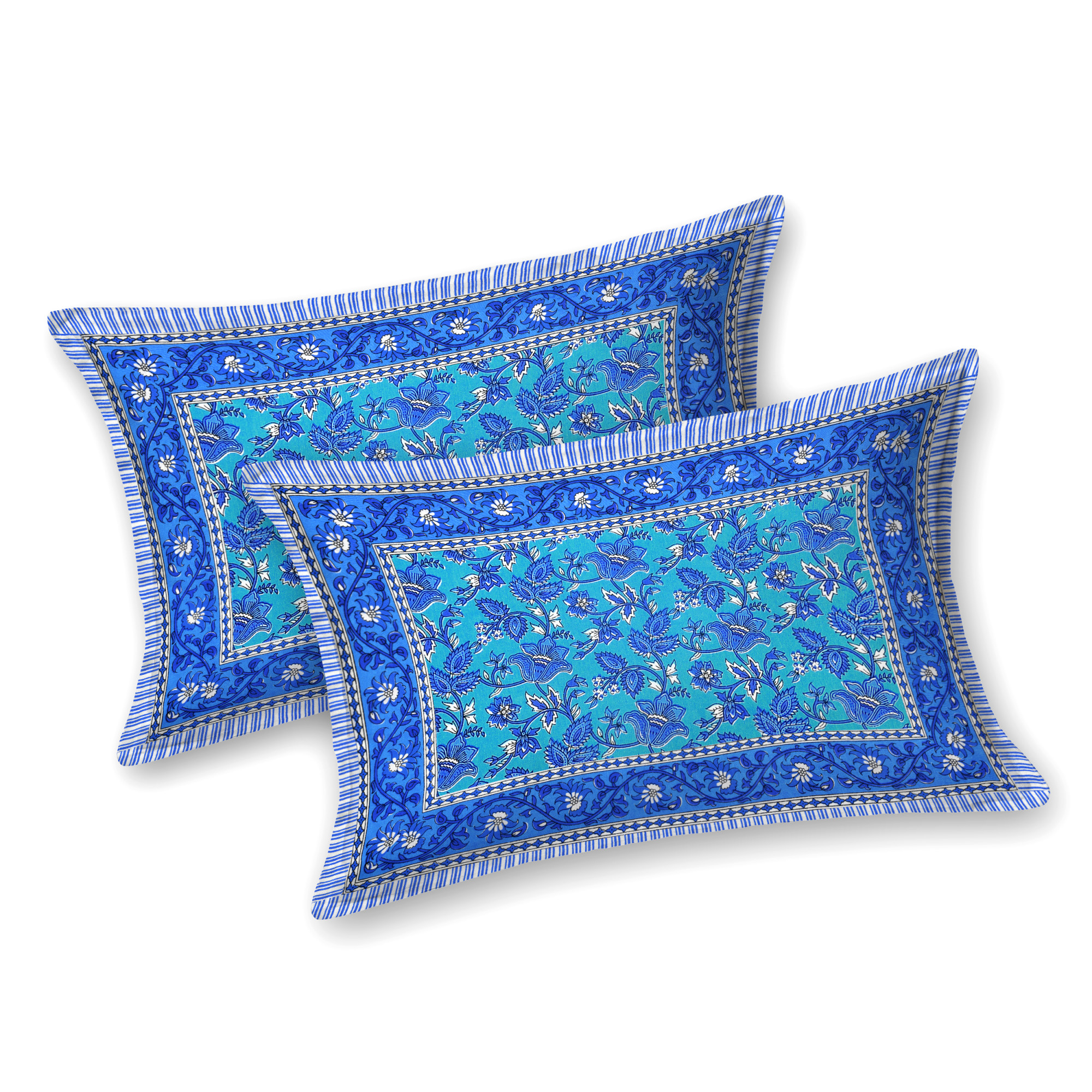 White Blue Floral 210 TC Pure Cotton Double Bedsheet with 2 Pillow Covers