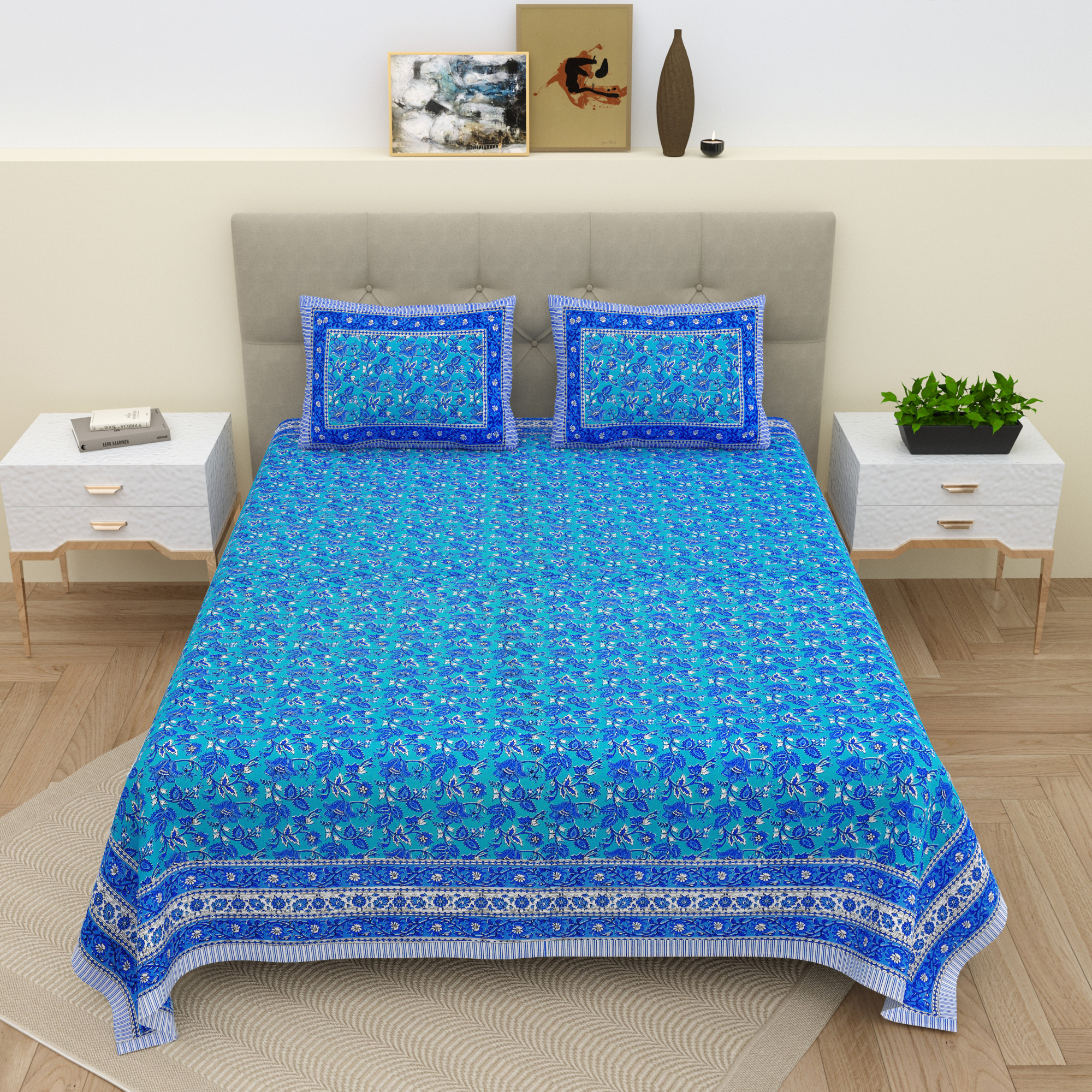 White Blue Floral 210 TC Pure Cotton Double Bedsheet with 2 Pillow Covers